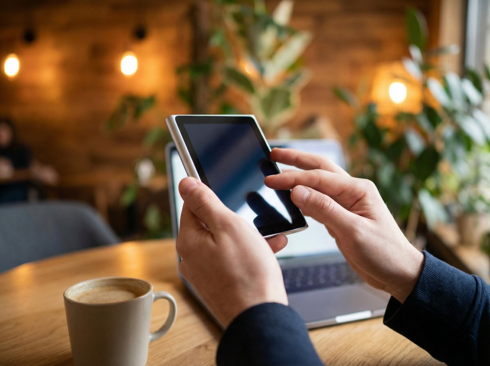A person holding a small square tablet that looks like an iPad mini, sitting in a modern cafe, cozy atmosphere, focus on the device, 4:3 aspect ratio, no visible text --v 6.0