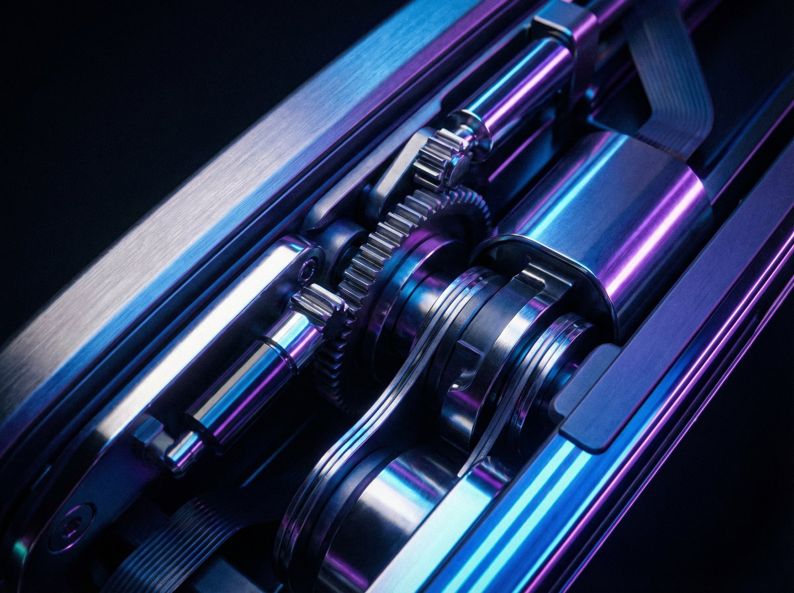Detailed close up of a futuristic smartphone hinge mechanism, metallic textures, blue and purple ambient lighting, high contrast, 4:3 aspect ratio, no visible text --v 6.0