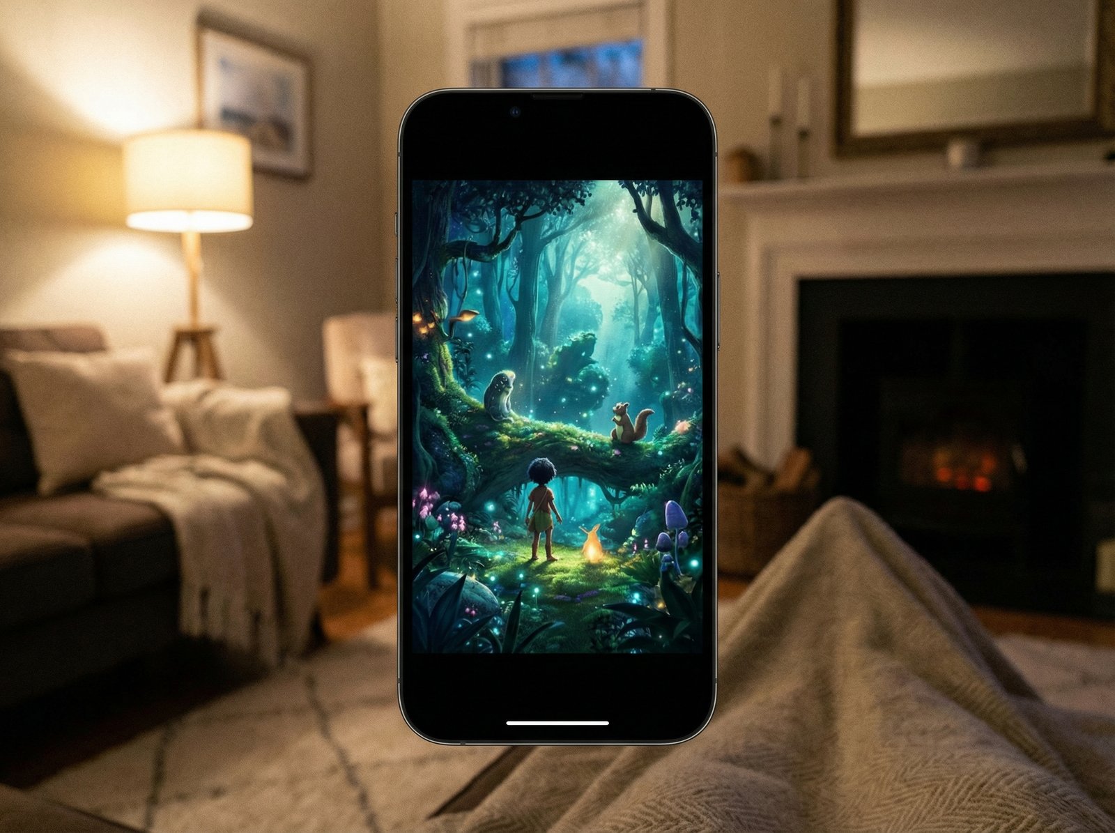 A modern smartphone displaying the Disney+ app interface with a vertical video player showing a high-quality animated scene. The background is a cozy living room with soft lighting. 4:3 aspect ratio, no text.