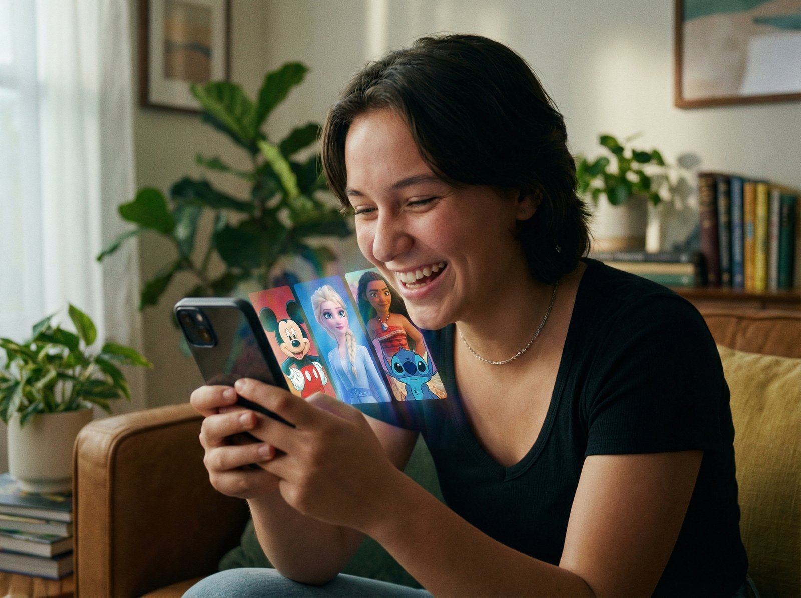 A young person happily scrolling through vertical video clips on a smartphone. The screen reflects colorful Disney characters. Cinematic lifestyle photography, natural indoor lighting. 4:3 aspect ratio, no text.