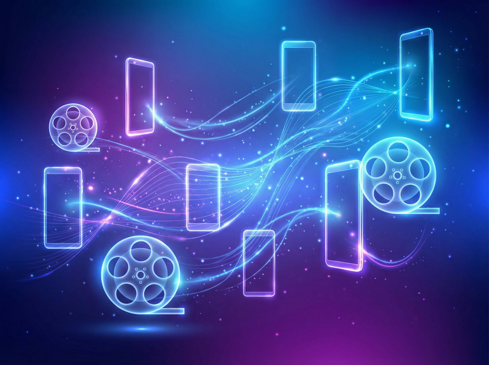 An abstract infographic layout showing digital icons of movie reels and smartphone vertical frames floating in a dynamic, glowing blue and purple gradient background. Professional digital art style. 4:3 aspect ratio, no text.