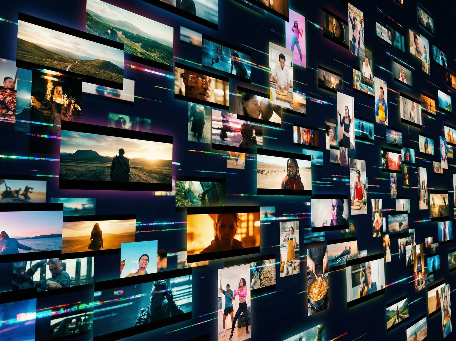 A collage of various high-quality video frames floating in a dark digital space, representing a mix of cinematic movies and vertical social-style clips. Vibrant colors, high contrast, wide-angle perspective. 4:3 aspect ratio, no text.
