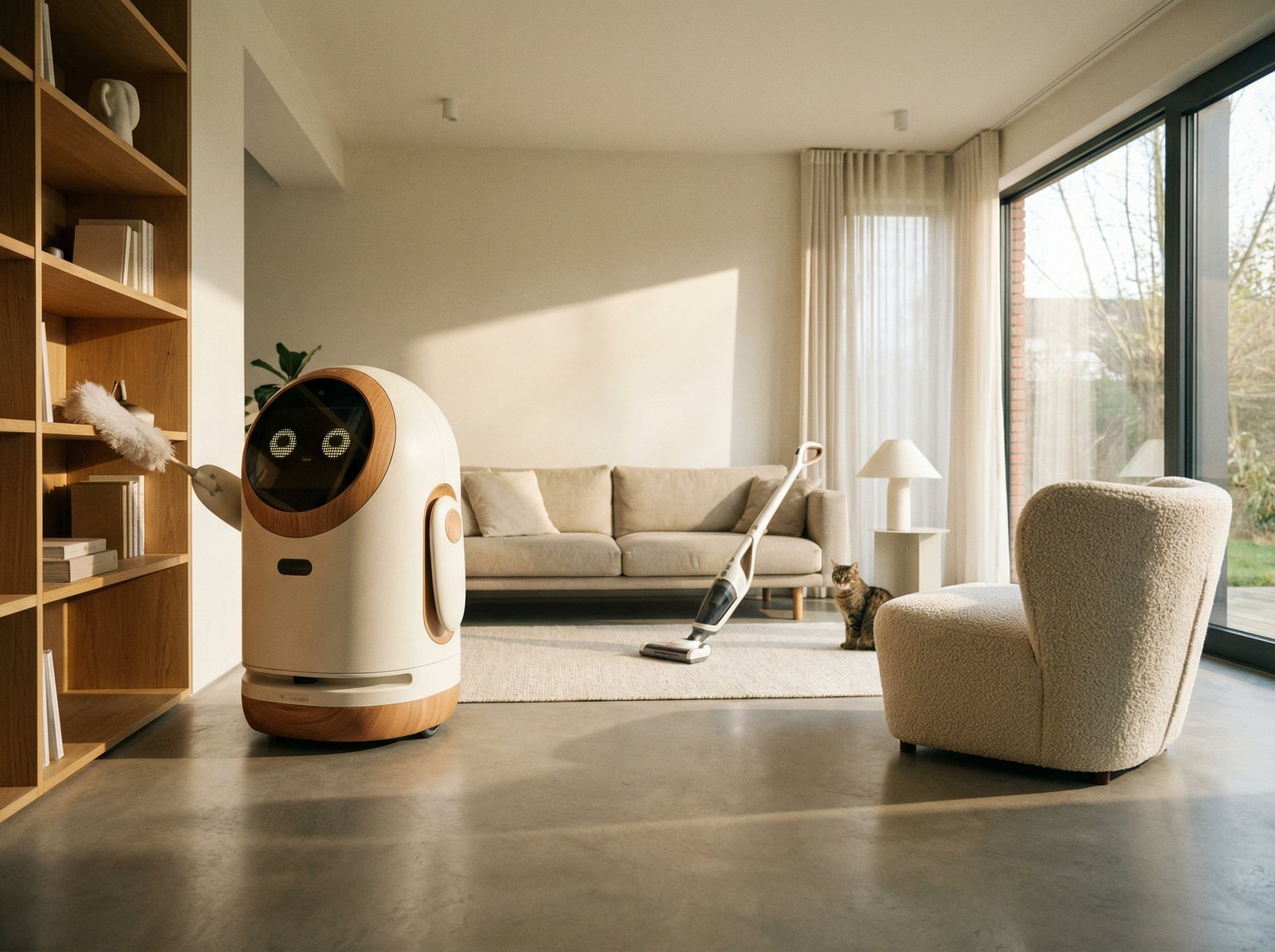 A friendly home service robot helping with household chores in a modern minimalist living room, soft natural lighting, 4:3