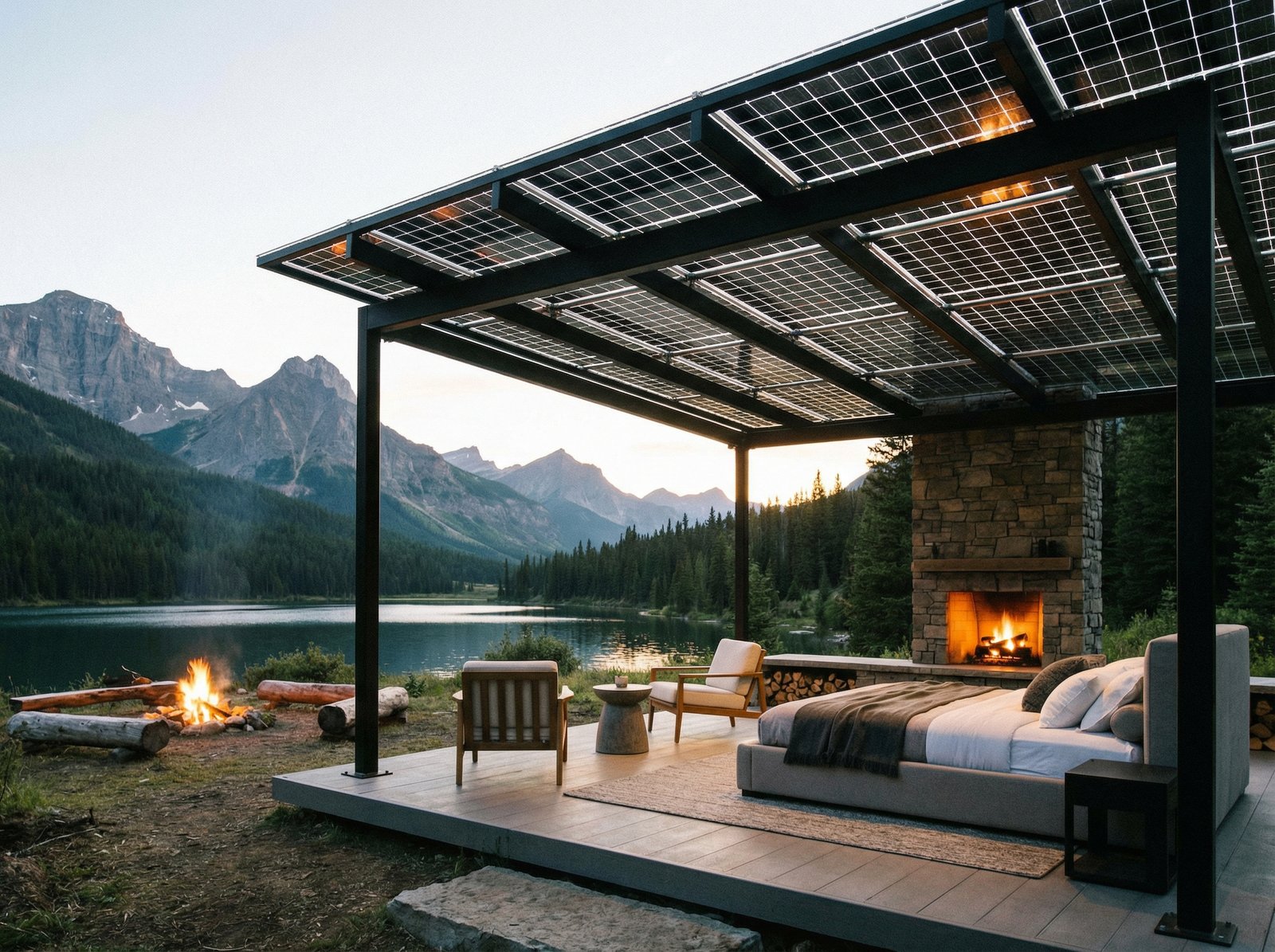 A high-tech solar gazebo with integrated solar panels in a beautiful outdoor landscape, luxury camping setup, 4:3