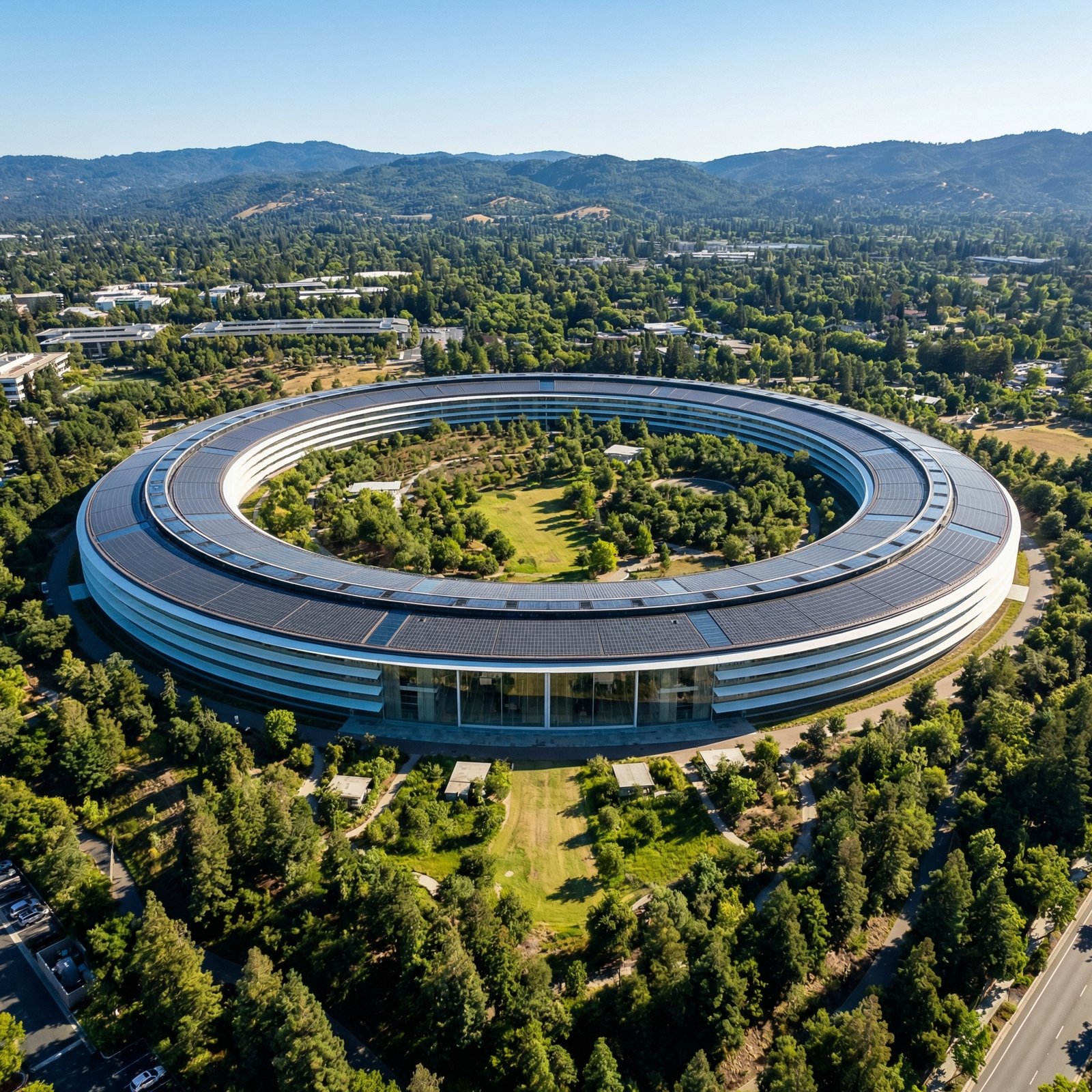 A realistic high-angle view of Apple Park in Cupertino, the circular glass building surrounded by green trees under a bright sunny sky, professional photography, high resolution, 1:1