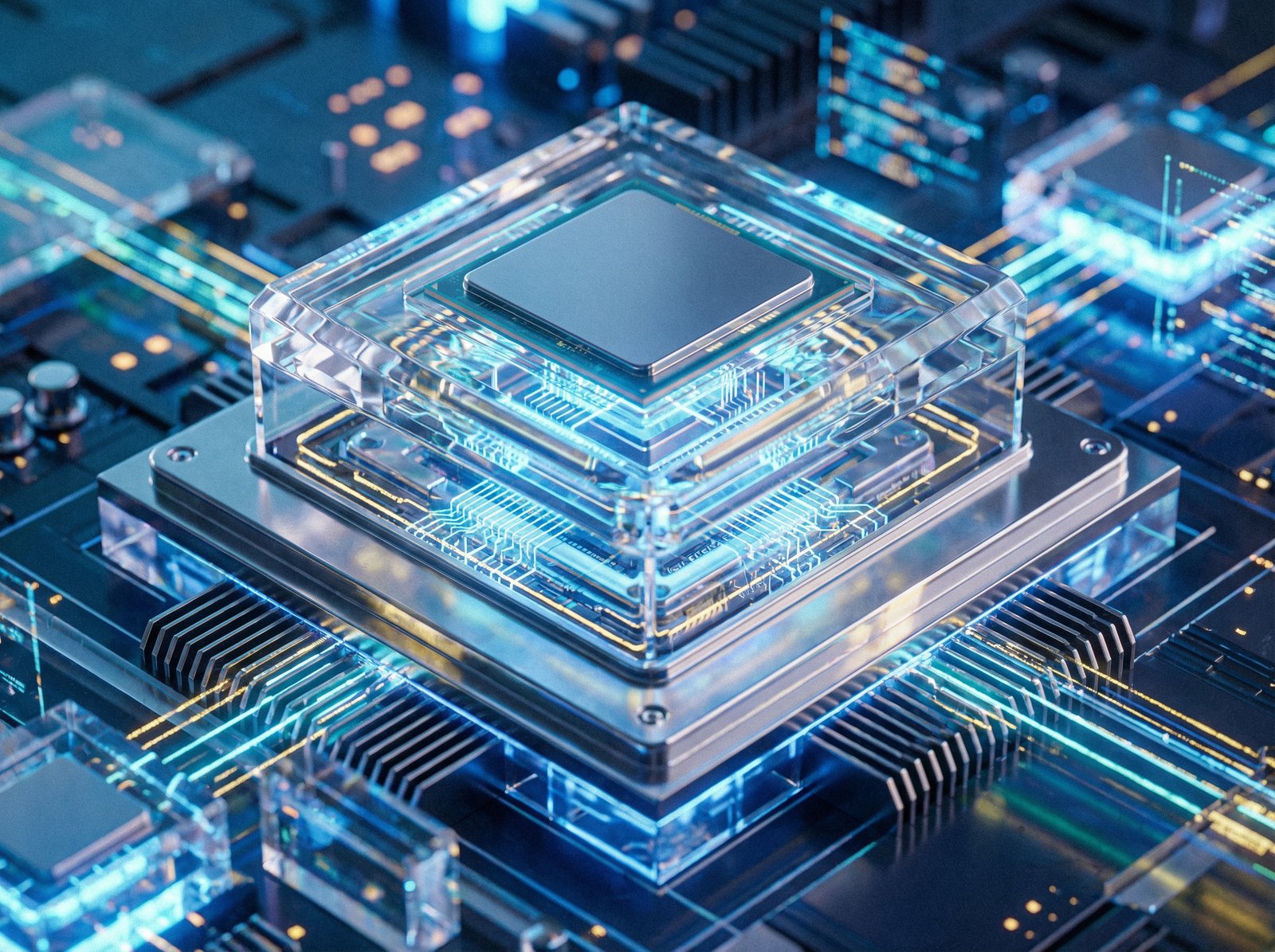 A detailed close-up of a futuristic computer processor chip with glowing blue and gold circuits, sleek metallic finish, tech-centric atmosphere, no text, 4:3