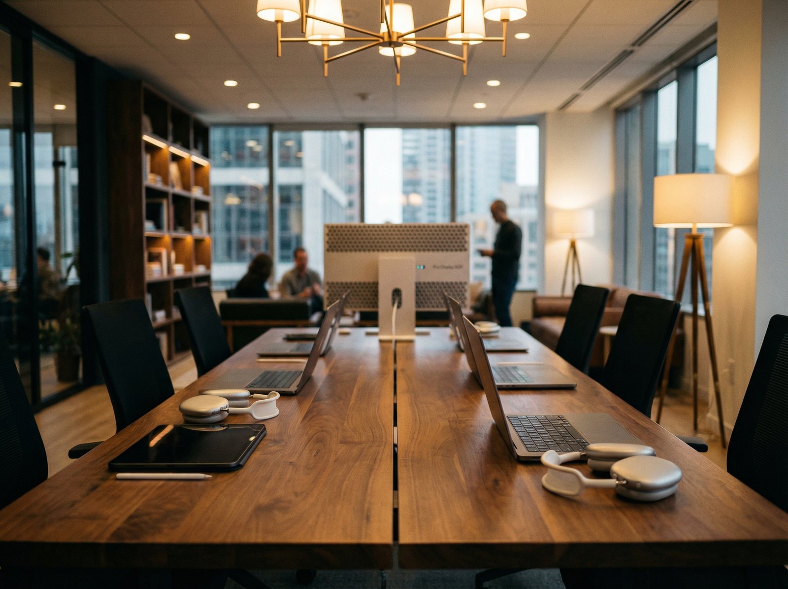 A professional and clean conference room setting with a large wooden table and Apple products, blurred background, warm lighting, sophisticated mood, 4:3