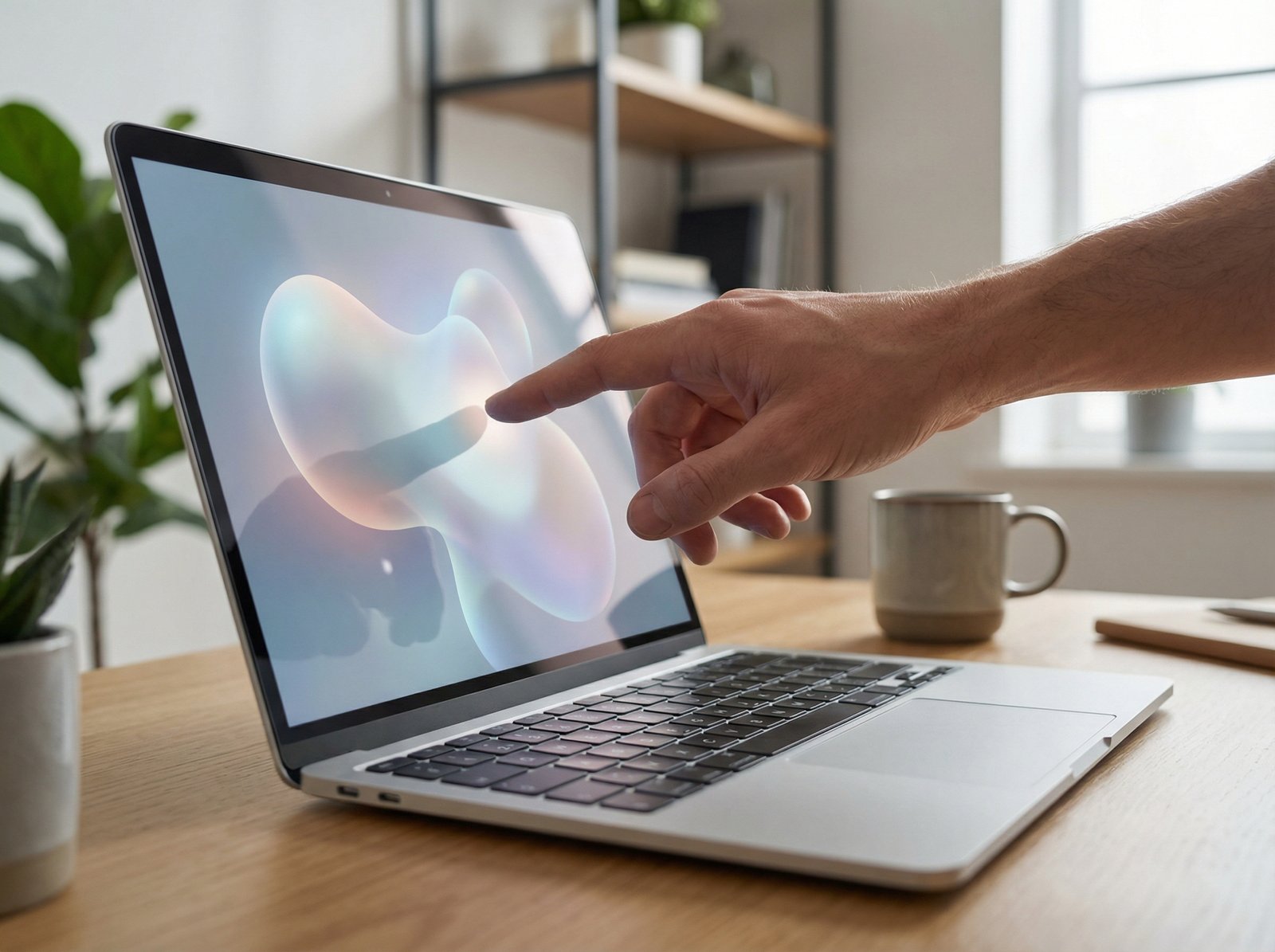 A sleek silver laptop screen being touched by a human hand, smooth interface, modern home office background, soft natural lighting, high detail, 4:3 aspect ratio, no text.