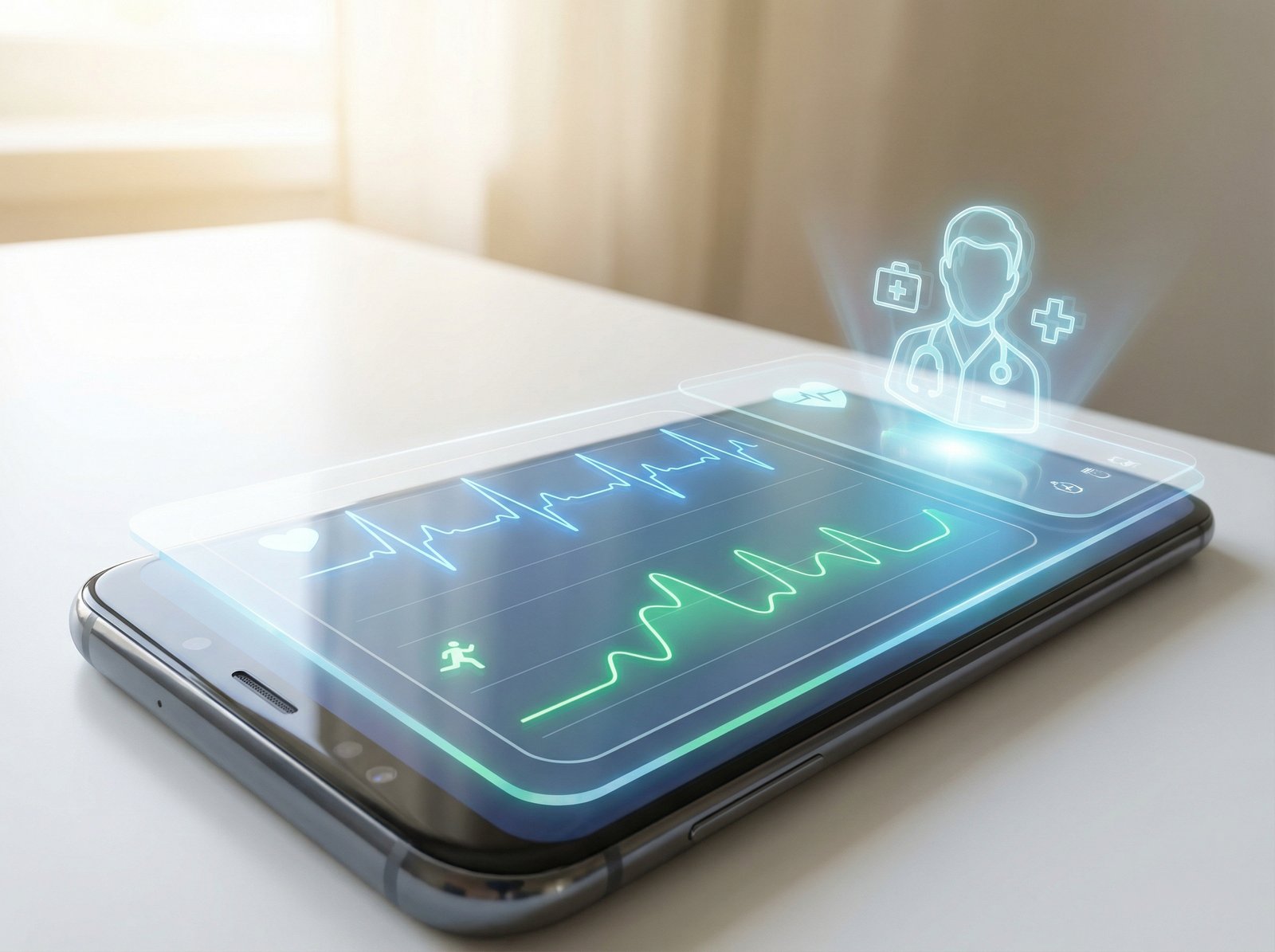 A smartphone screen showing a health dashboard with heart rate and activity charts, a futuristic digital doctor icon, bright and clean health theme, 4:3 aspect ratio, no text.