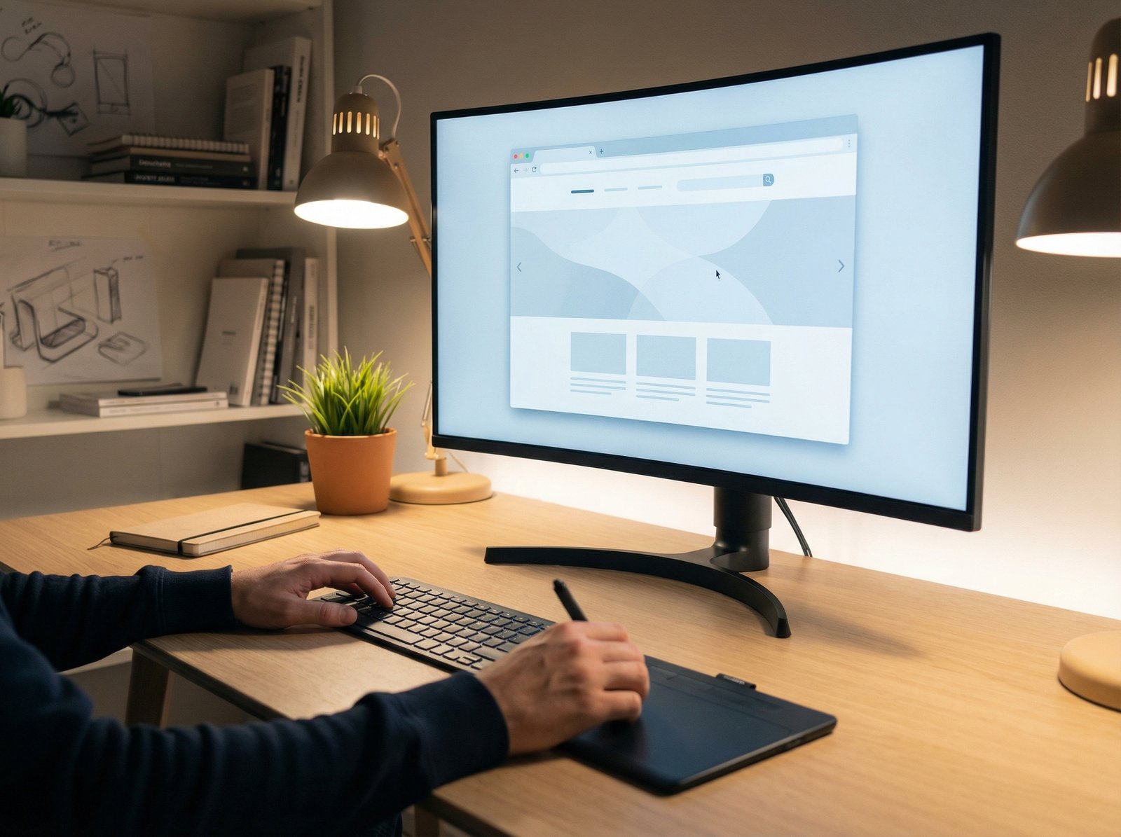 A professional UI UX designer working on a sleek and modern browser interface on a large high-resolution monitor, minimalist workspace, creative atmosphere, cinematic lighting, 4:3 aspect ratio, no text
