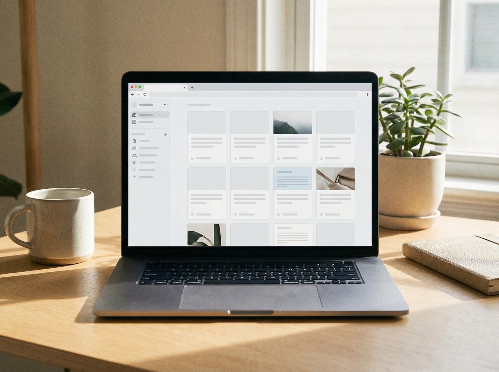 Minimalist laptop screen displaying a modern web browser with a vertical sidebar and organized workspaces, aesthetic workspace background, natural lighting, 4:3 aspect ratio, no text