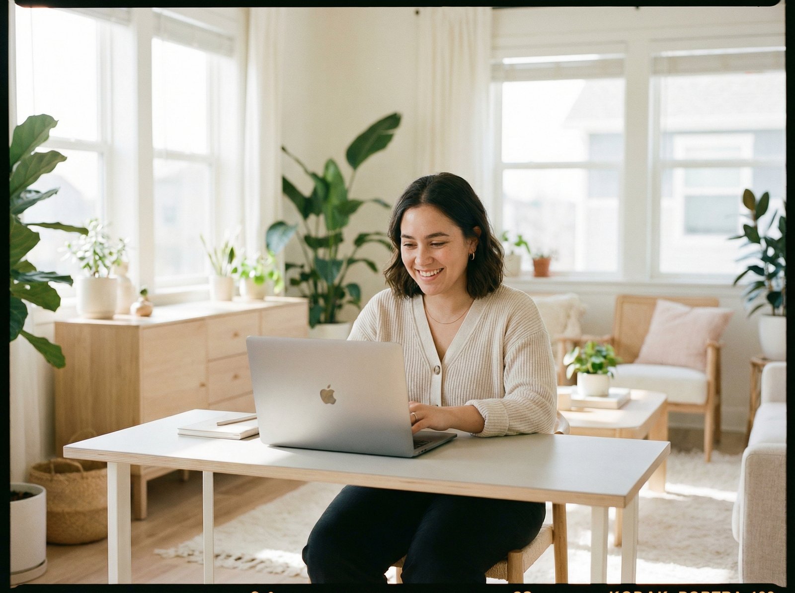 A person using a sleek laptop in a bright and airy home office, looking interested at the screen, lifestyle photography, warm and clean atmosphere, 4:3 aspect ratio, no text
