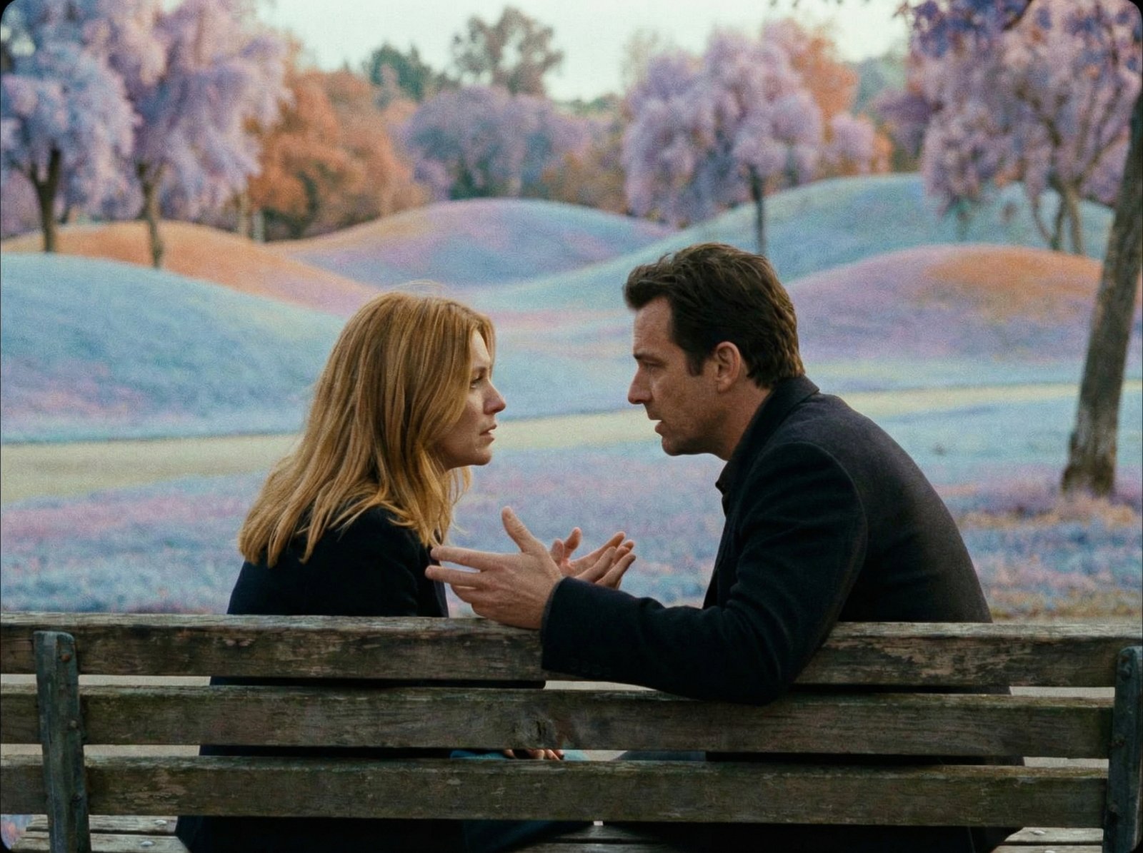 A realistic film still of a woman with blondish hair and a man in a deep conversation. They are sitting on a park bench in a beautifully rendered, slightly surreal landscape with soft pastel colors. Emotional atmosphere, professional cinematography, 4:3 aspect ratio, no text.