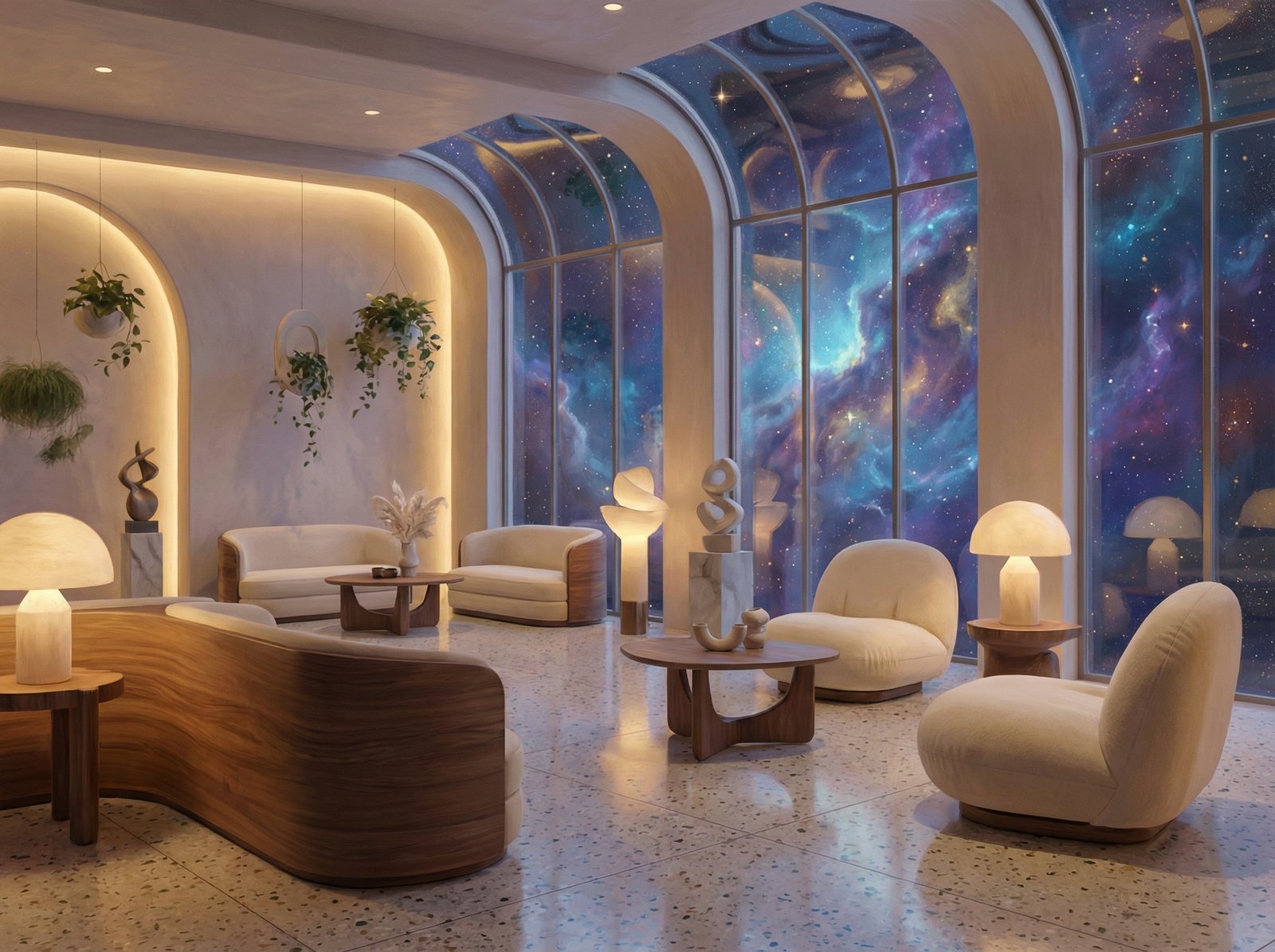An imaginative interior design of a waiting room in the afterlife. Modern aesthetic with minimalist furniture, large windows looking out into a cosmic nebular sky. Warm and inviting lighting, artistic rendering, 4:3 aspect ratio, no text.