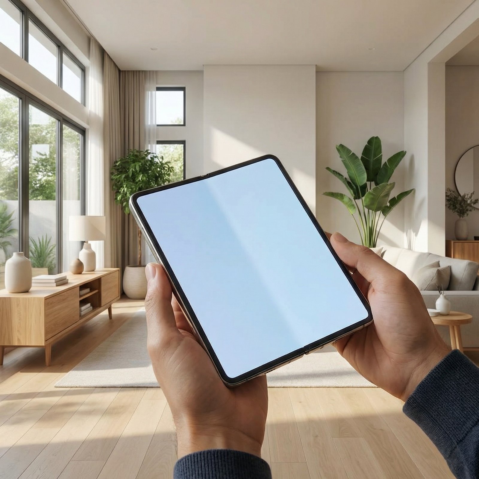 A futuristic foldable smartphone that unfolds into a tablet-like screen with a completely smooth, crease-free OLED display. The device is held by a person in a modern, brightly lit living room. 1:1, no visible text.
