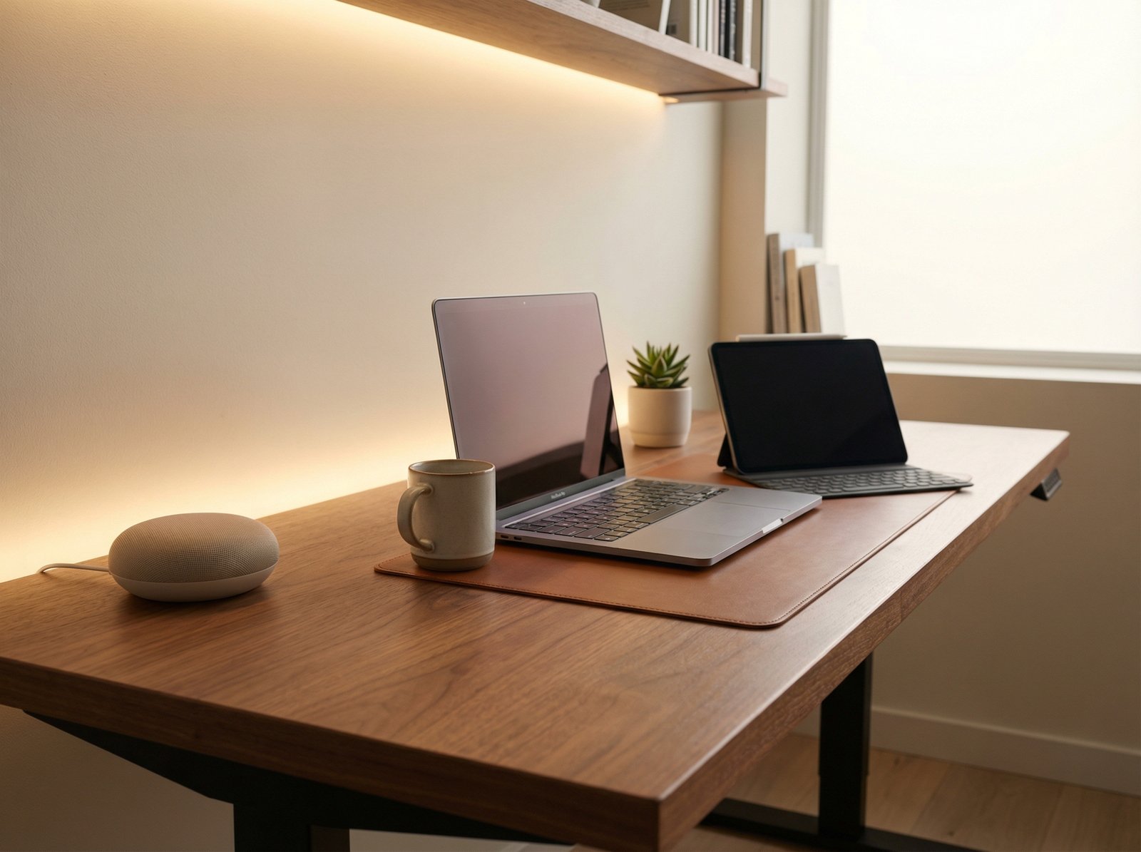 A clean and organized home office desk featuring a laptop, a tablet, and a smart home speaker. Minimalist aesthetic with warm wooden accents and a soft background glow. 4:3, no visible text.