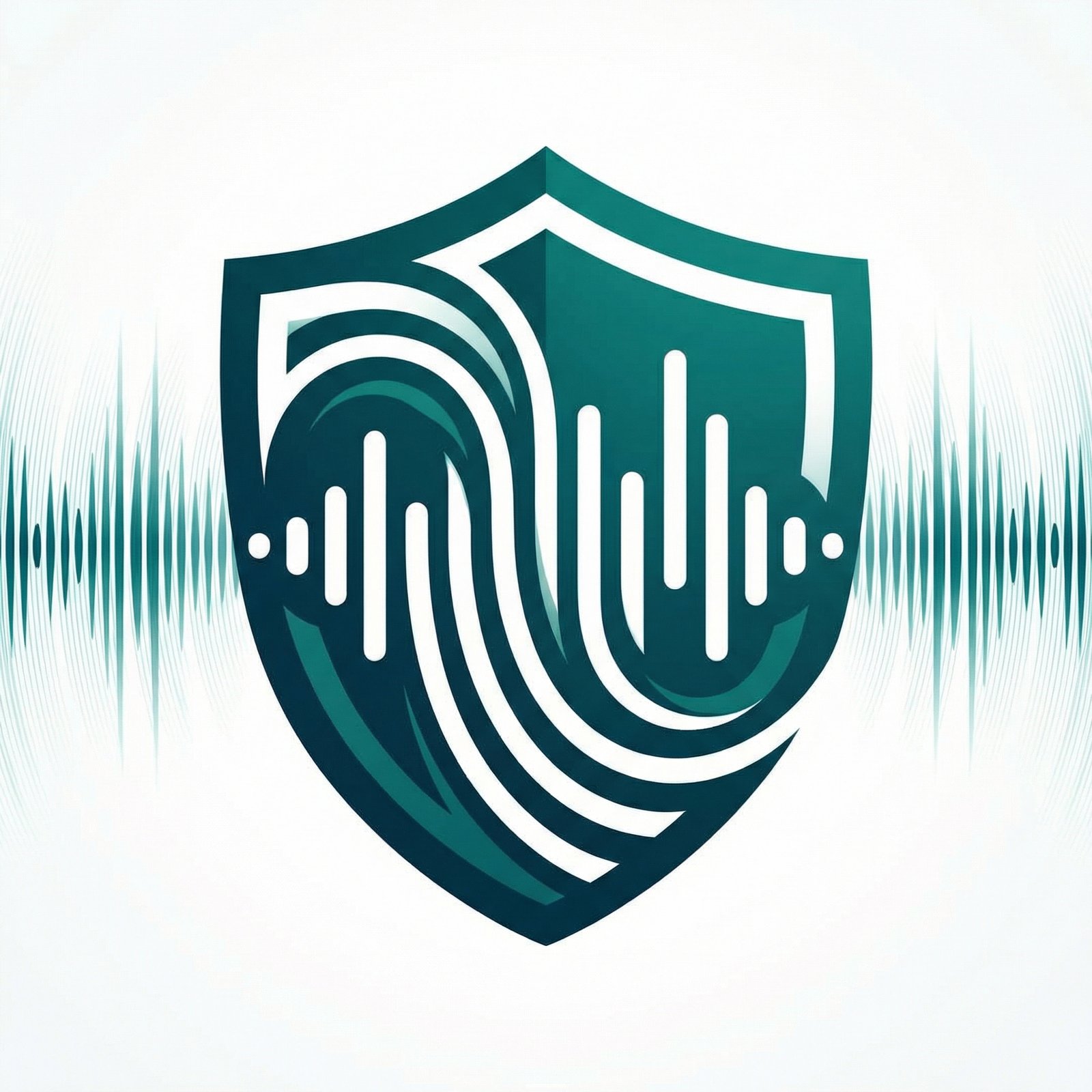 An abstract and professional graphic representing digital security and music, a shield icon integrated with musical waves, clean white and teal color palette, high contrast, 1:1 aspect ratio, no text.