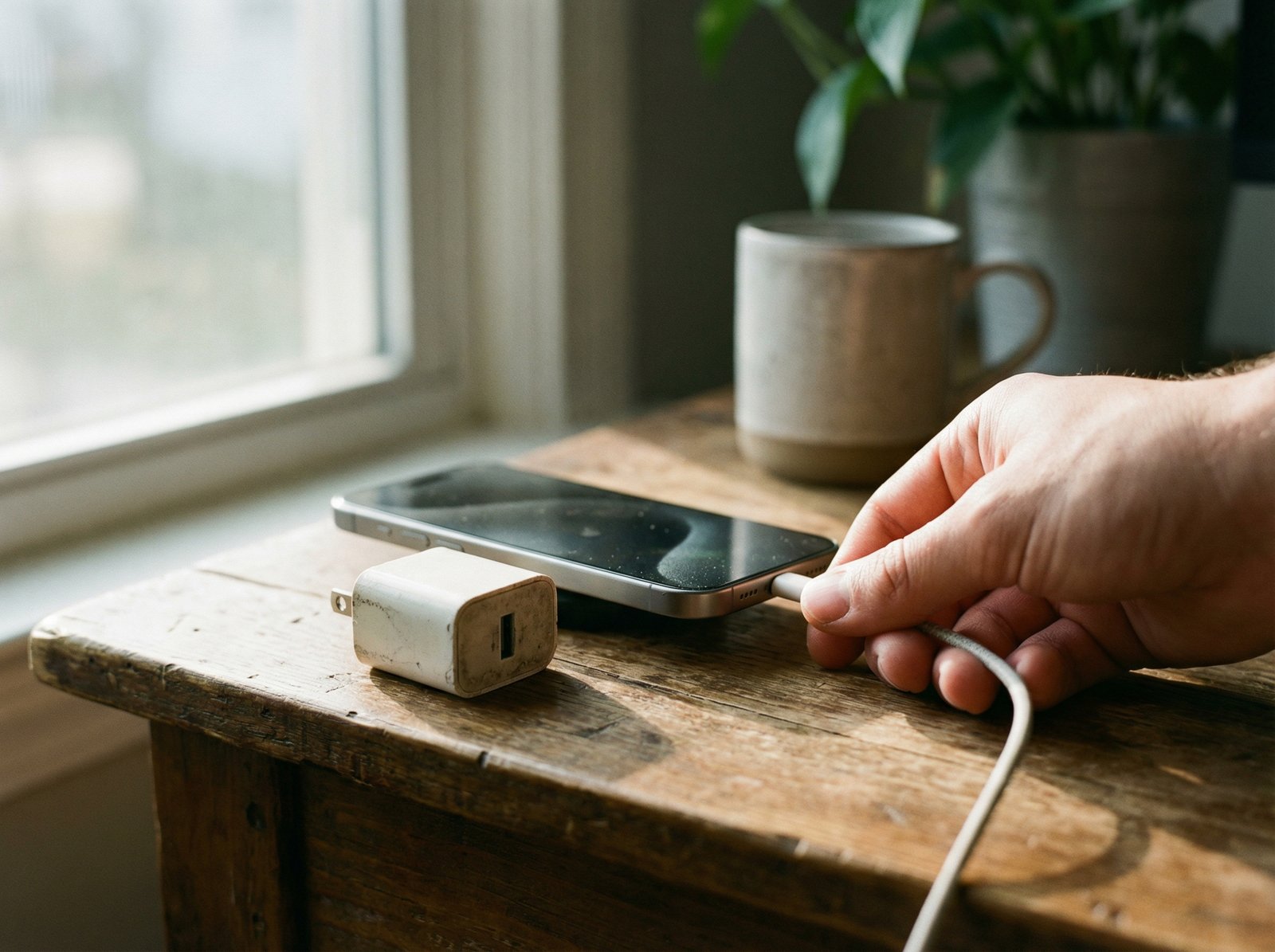 A close-up shot of an iPhone being plugged into a fast charger on a wooden desk. Soft morning light coming through a window. Natural settings, detailed composition, 4:3 aspect ratio, no text.