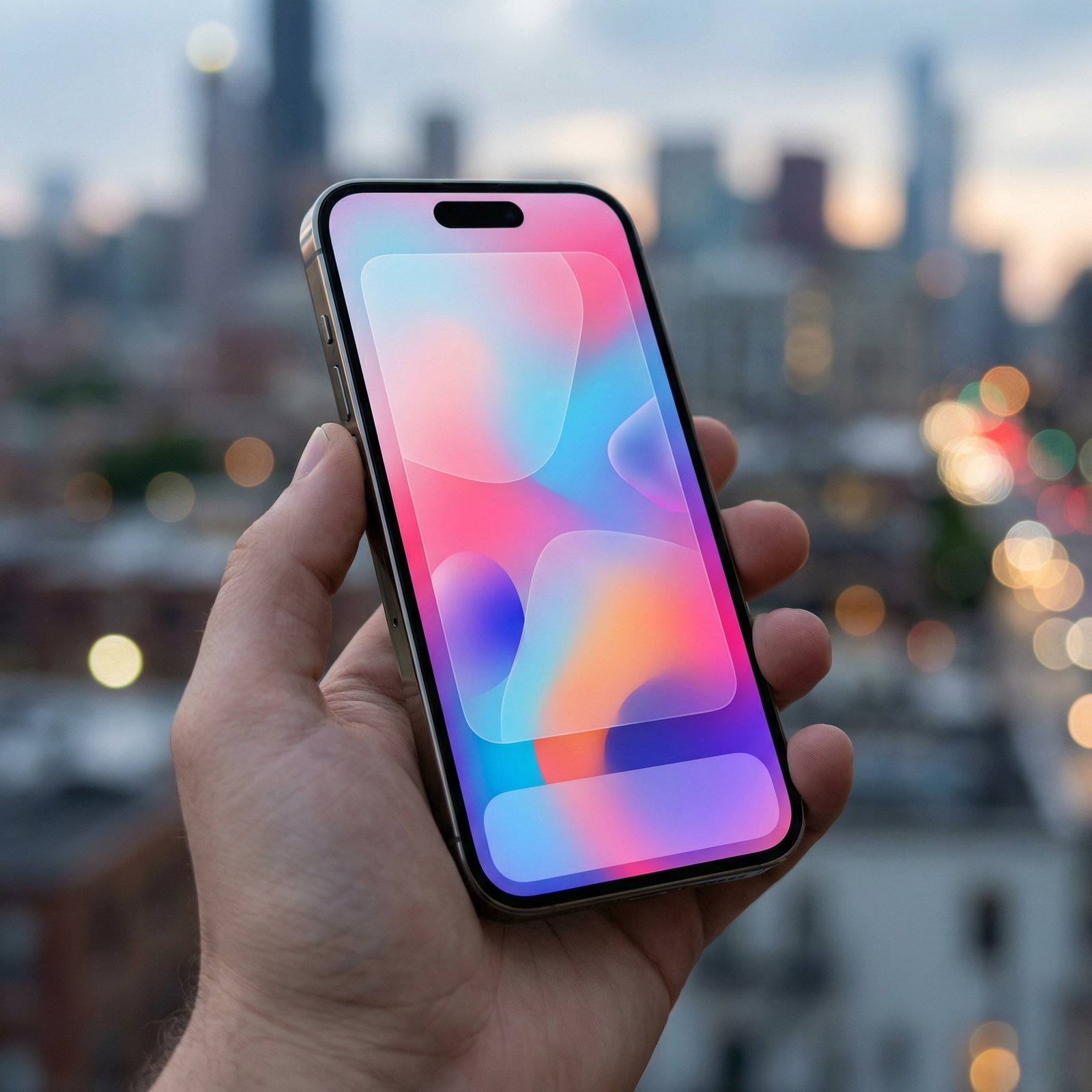 A modern iPhone showing a sleek and artistic user interface with soft translucent effects and vibrant colors. The phone is held by a hand against a blurred urban background. High resolution, professional photography, 1:1 aspect ratio, no text.