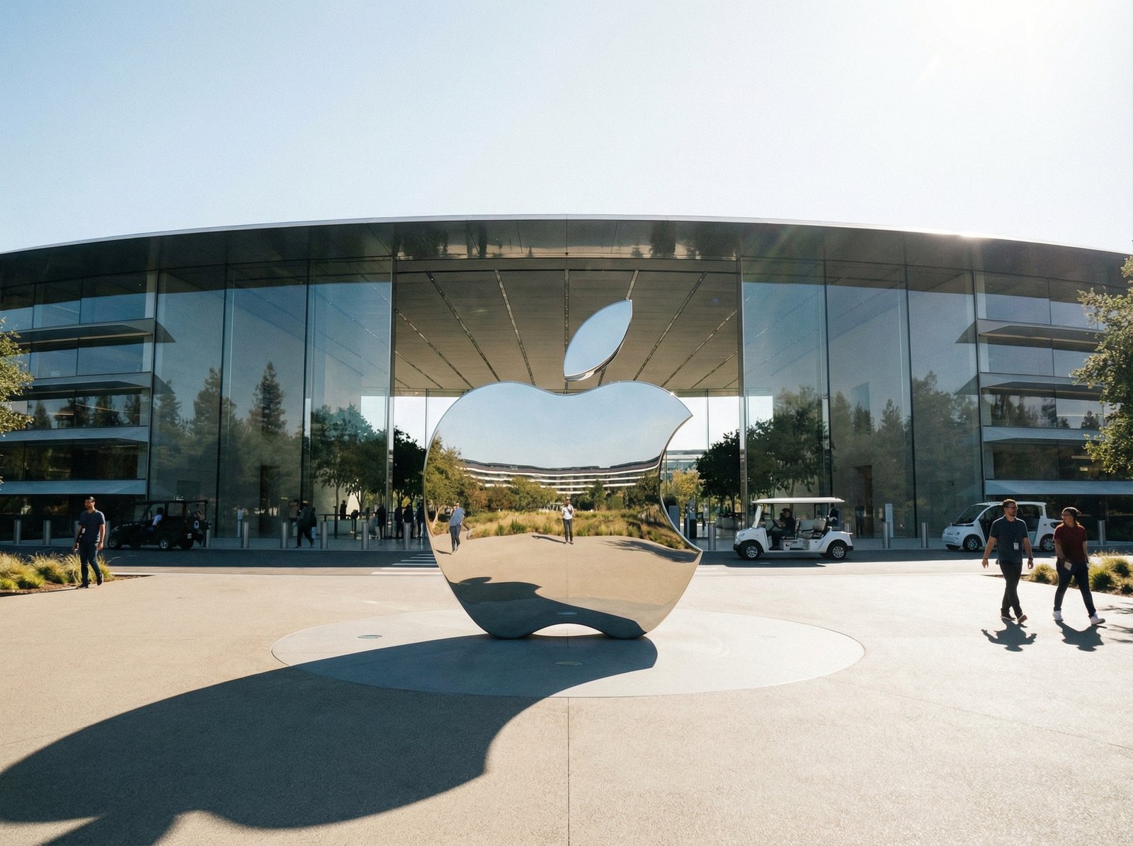 Cinematic wide shot of Apple Park headquarters building with a sleek Apple logo in the foreground, modern architecture, bright daylight, professional corporate atmosphere, 4:3, no text