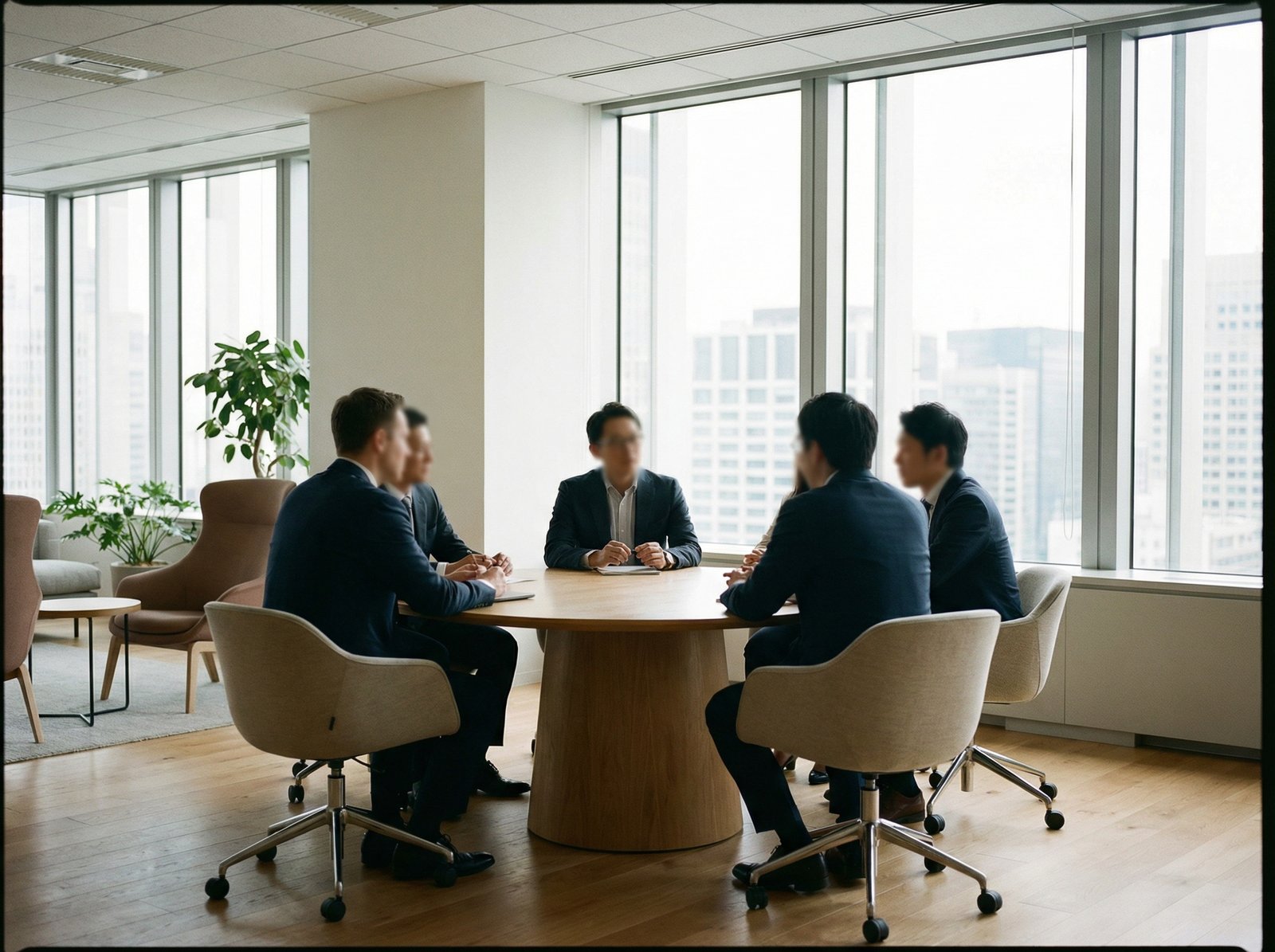Realistic professional office setting with a round table, blurred figures of executives in suits having a discussion, soft natural lighting through large windows, minimalist design, 4:3, no text