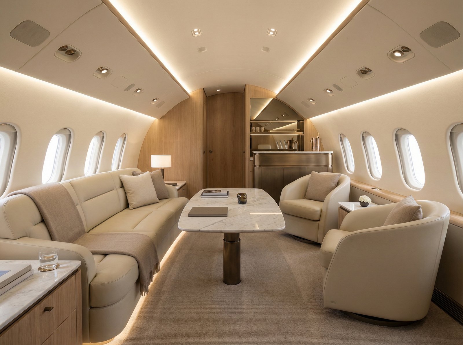 Elegant and minimalist interior of a high-end corporate private jet, modern design, soft warm lighting, realistic texture, no people, 4:3