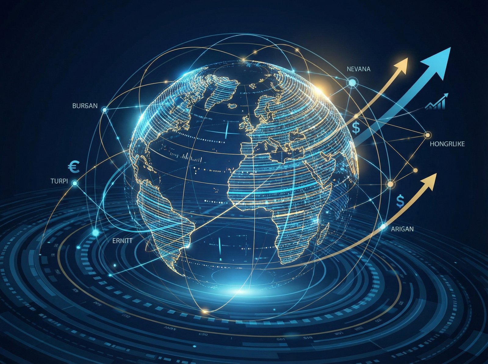 Conceptual illustration of global business growth, glowing digital lines on a dark blue background, professional and high-tech feel, 4:3