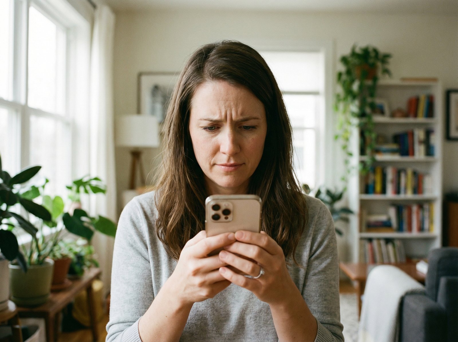 A person looking at an iPhone screen with a hesitant expression, soft indoor lighting, modern tech lifestyle photography, 4:3 aspect ratio, no text