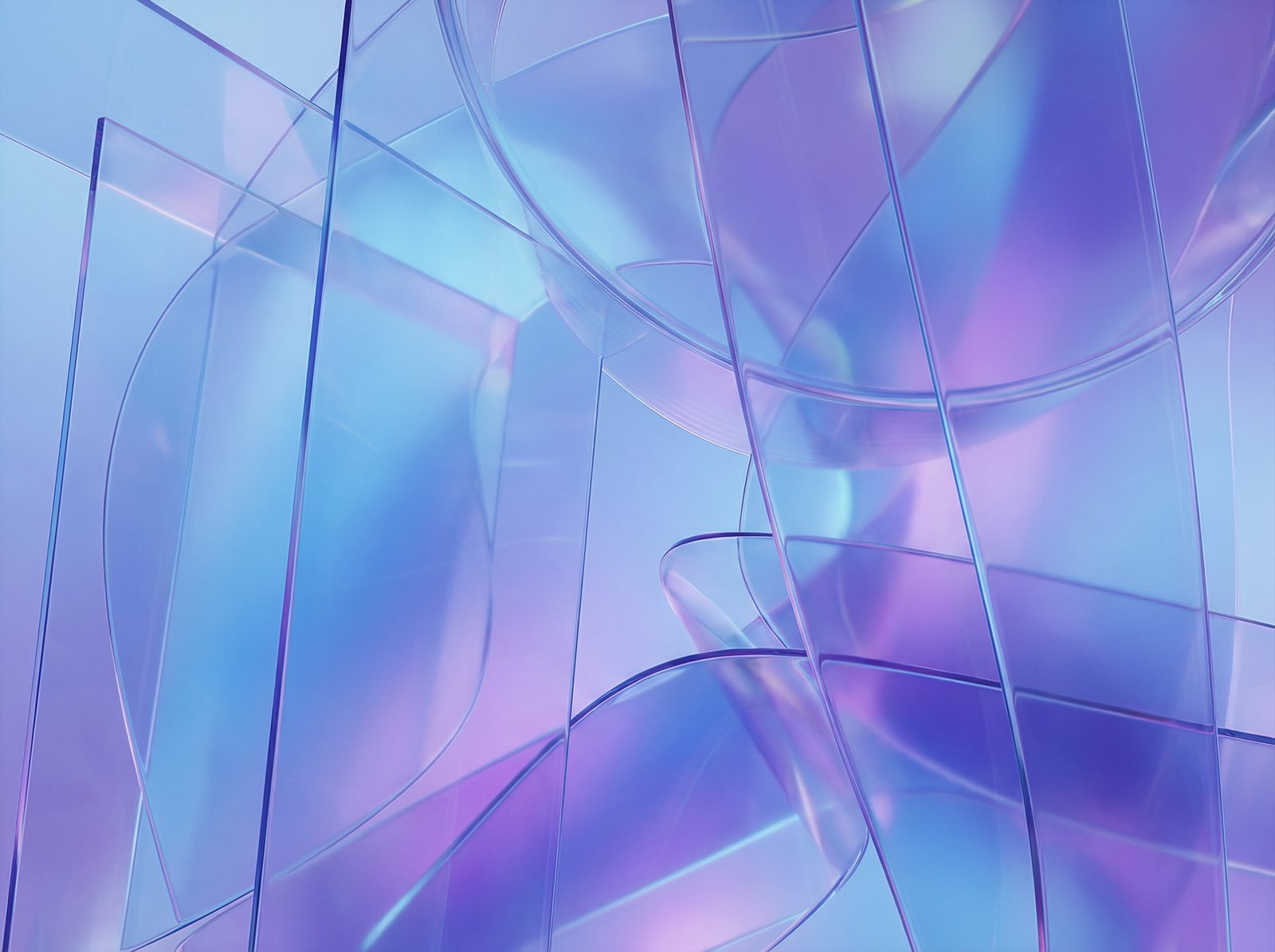 Abstract digital art representing translucent glass layers and dynamic depth effects, soft blue and purple color palette, 4:3 aspect ratio, no text