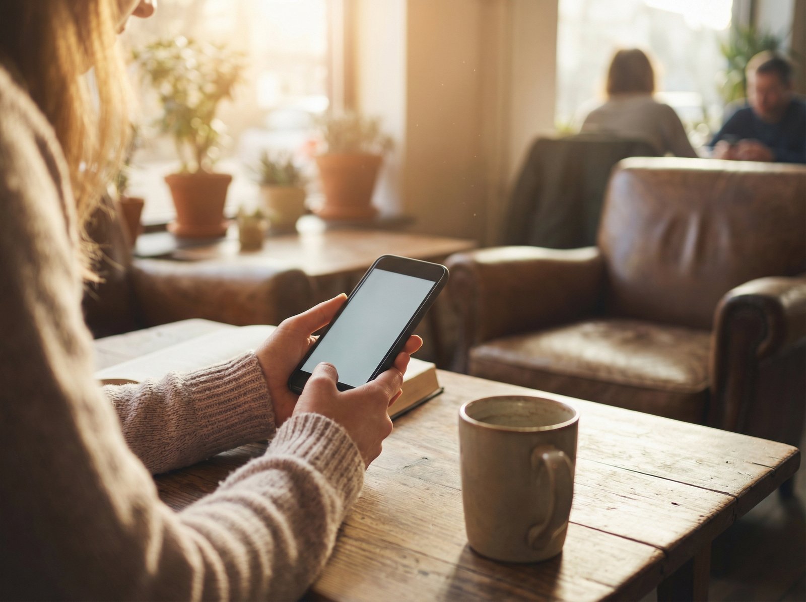 Person's hands holding an iPhone in a cozy cafe setting, shallow depth of field, warm morning sunlight, 4:3 aspect ratio, no text