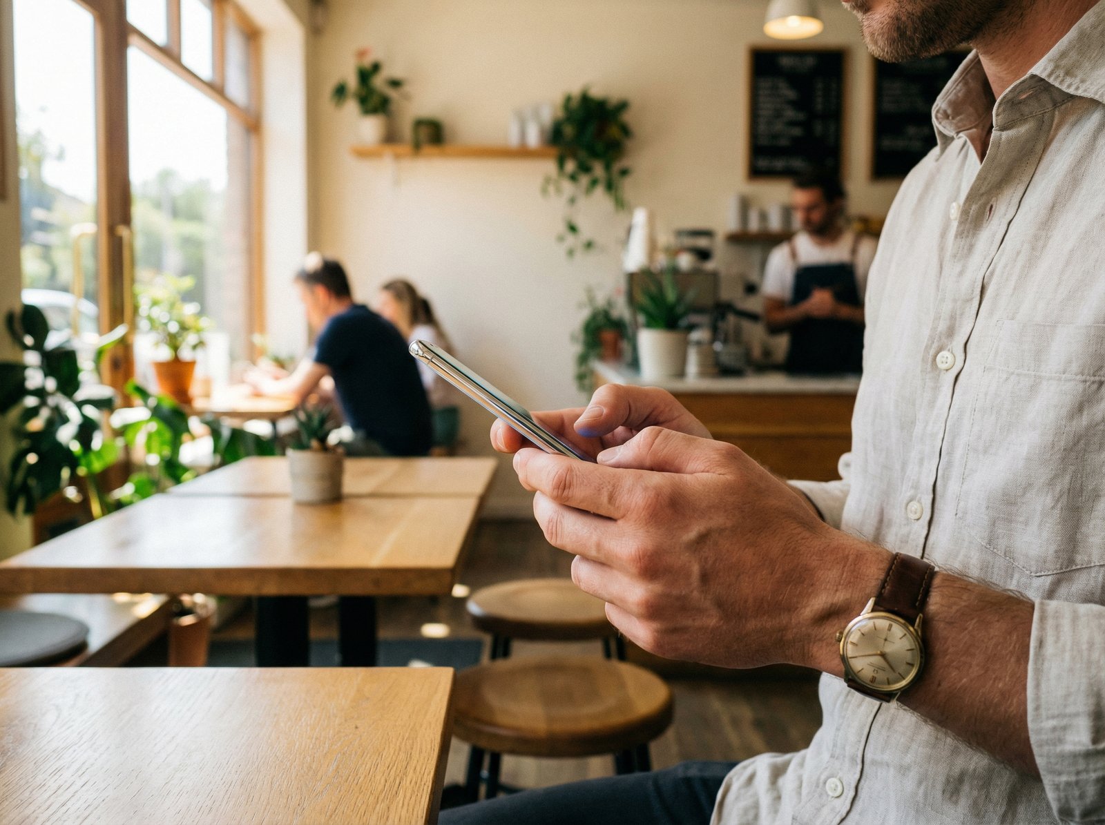 A person holding a very thin and bright smartphone in a stylish cafe. The device looks incredibly slim and premium. Soft natural lighting, lifestyle photography, 4:3 aspect ratio, no text.
