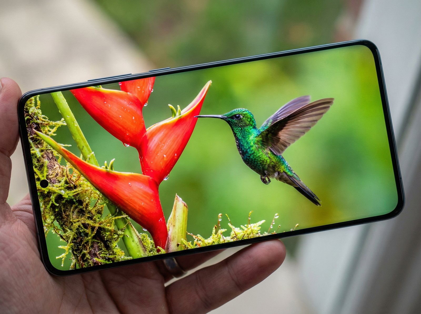 Close up shot of a high quality smartphone screen displaying vibrant and detailed nature photography. The colors are vivid and the brightness is exceptional. Sharp focus, 4:3 aspect ratio, no text.