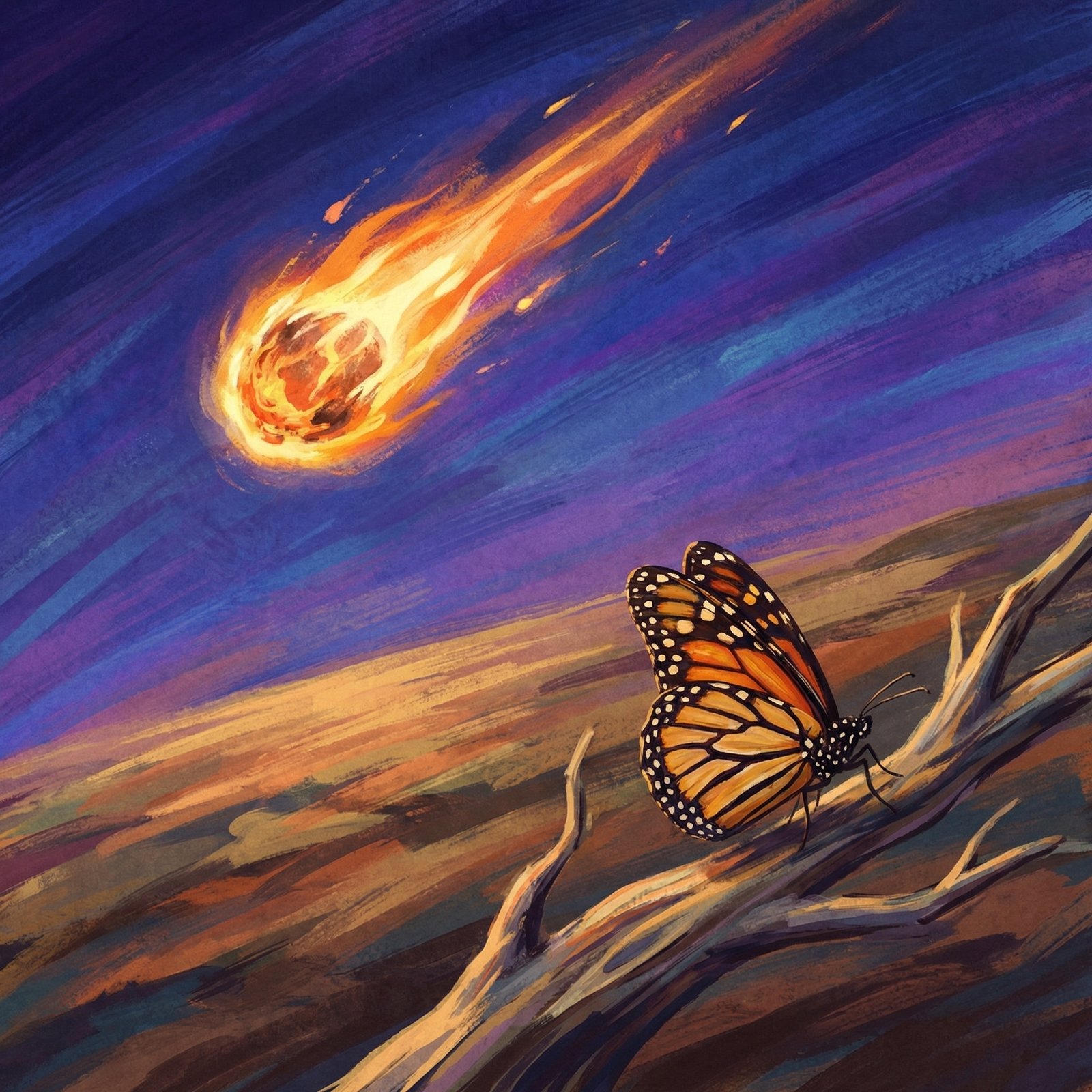 Artistic rendering of a glowing meteor falling from the sky and a detailed monarch butterfly with orange and black wings, textured background, vibrant and cinematic lighting, aspect ratio 1:1, no text