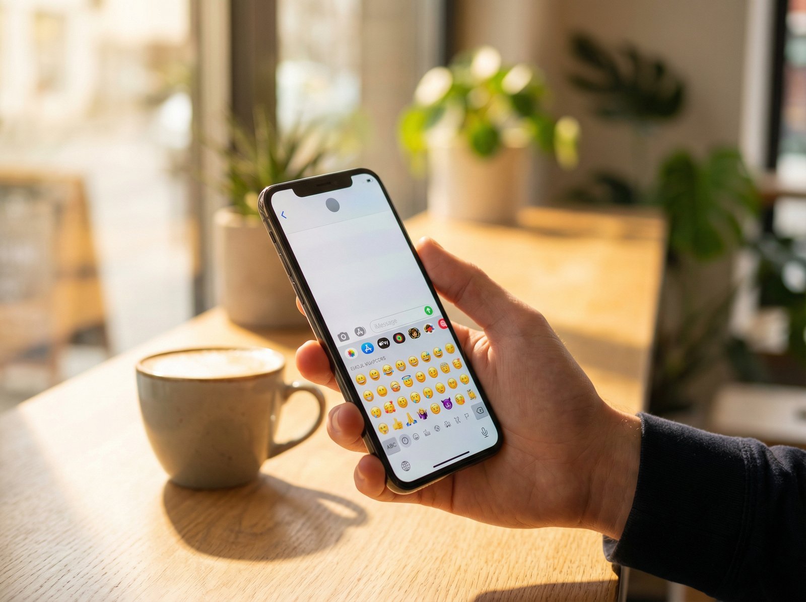 A lifestyle photo of a person holding an iPhone showing a vibrant emoji keyboard on the screen, warm natural lighting, modern setting, close up focus on the screen, aspect ratio 4:3, no text