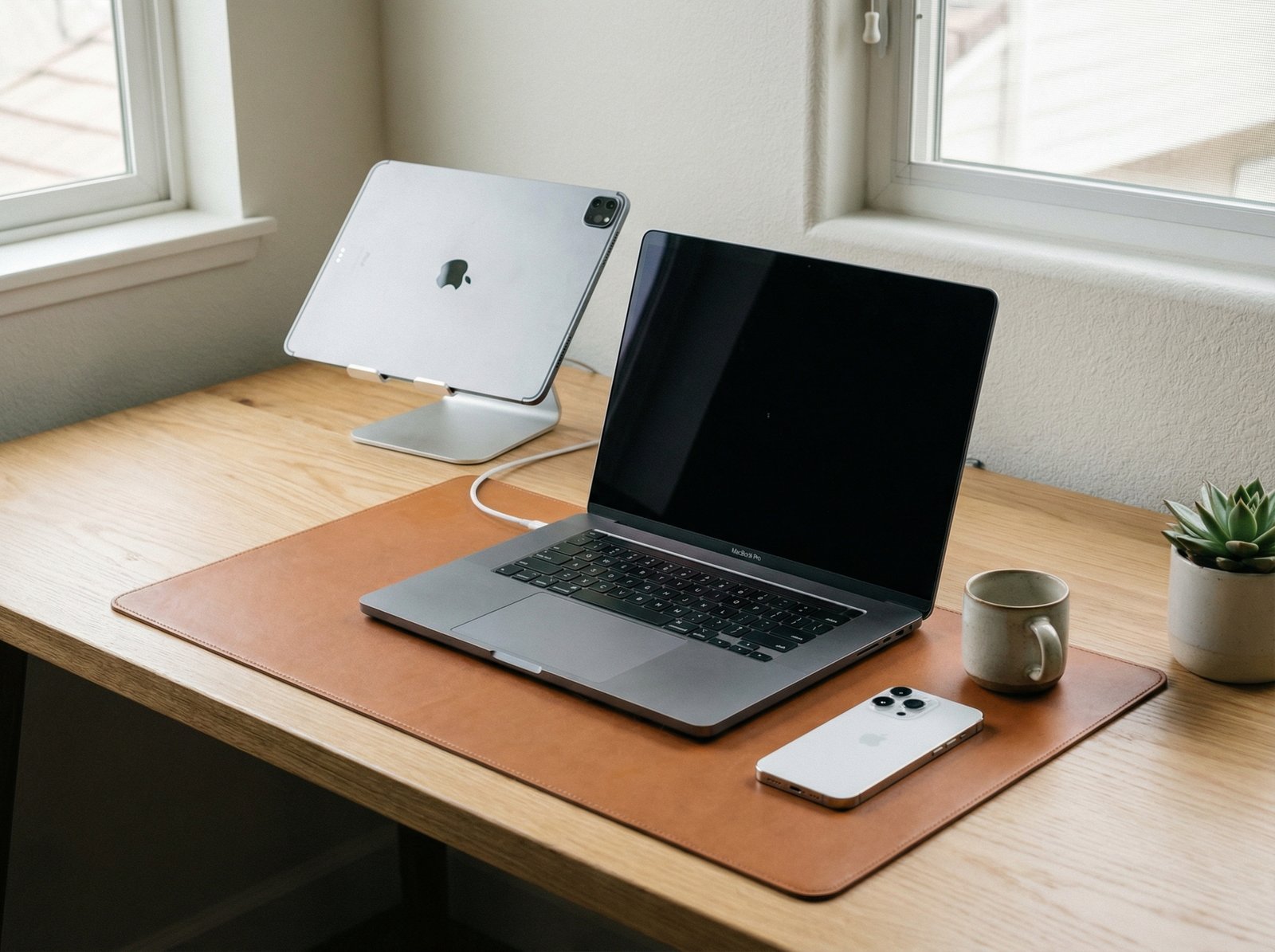 A clean and minimalist desk setup with an iPhone, MacBook, and iPad, organized cables, high-quality lifestyle photography, 4:3 ratio, no text