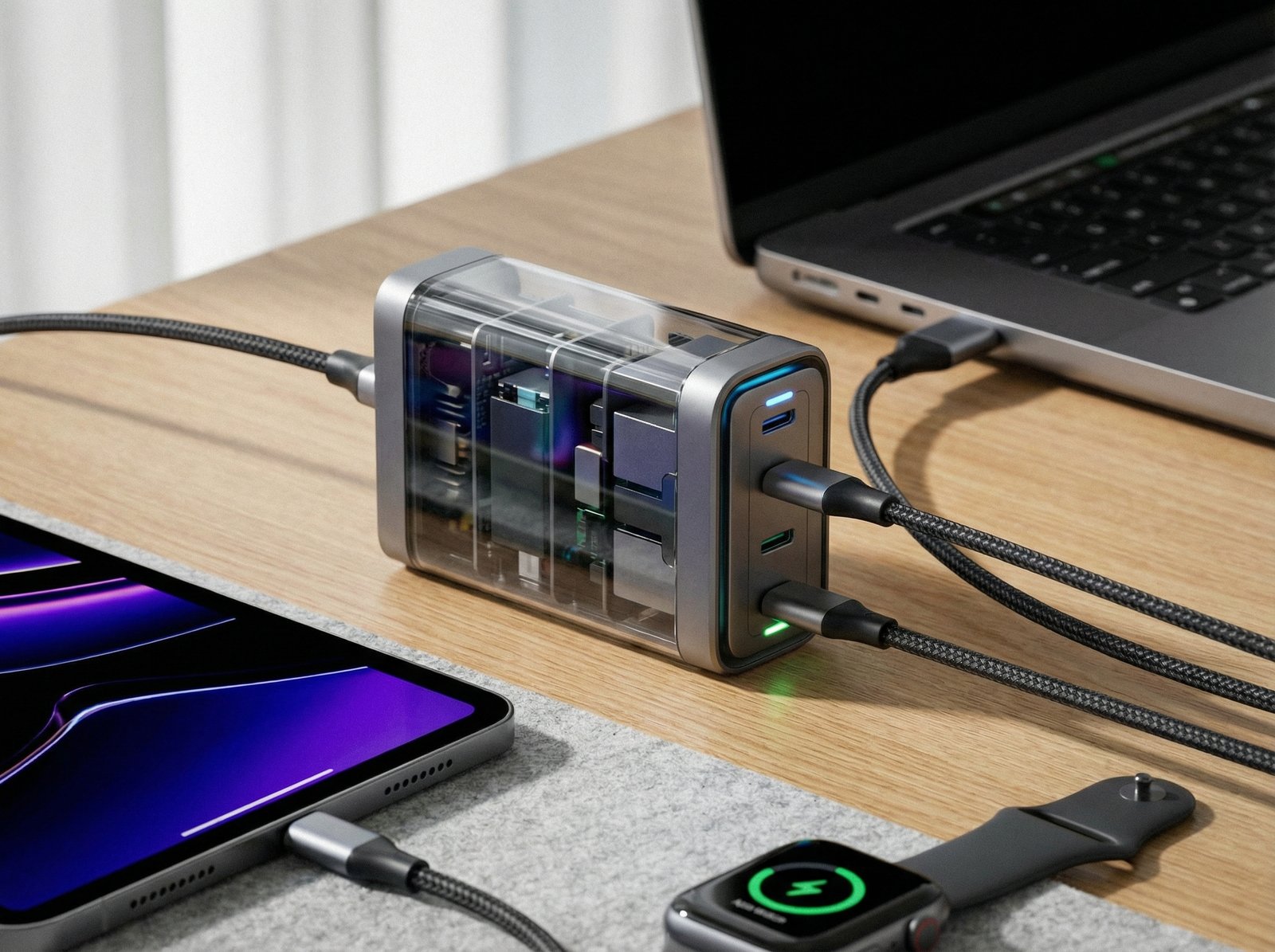 A high-tech multi-port USB-C GaN charger charging multiple Apple devices at once, close-up shot, modern aesthetics, 4:3 ratio, no text