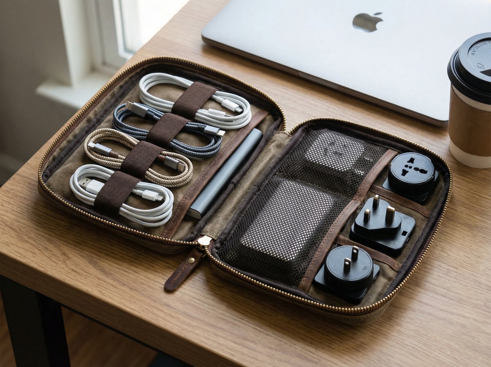 An open tech organizer pouch showing neatly arranged cables, power bank, and adapters, professional organization, 4:3 ratio, no text