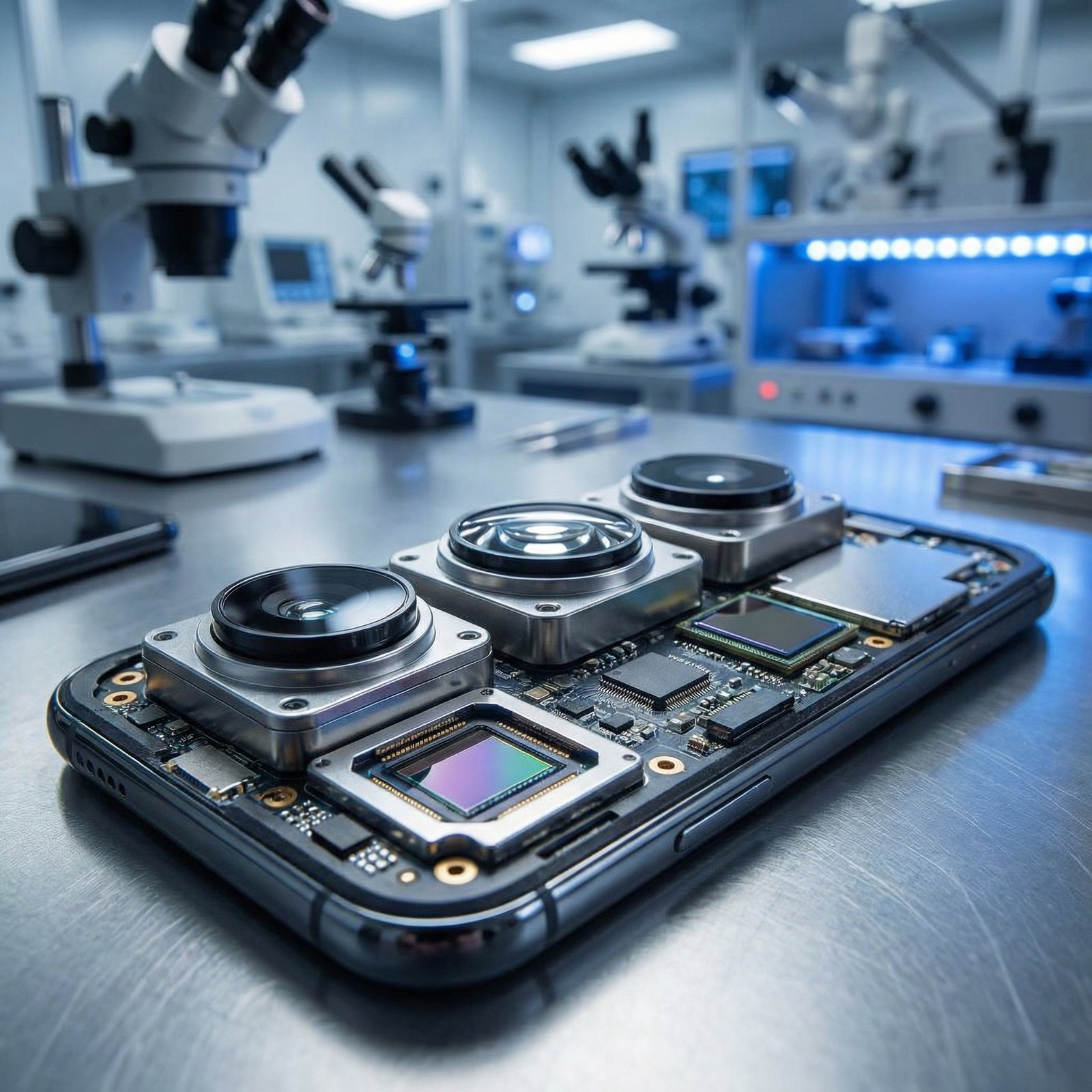 Close-up of a sophisticated smartphone camera module with dual lenses, showing intricate glass and sensor details, high-tech laboratory background, professional macro photography style, 1:1, no visible text