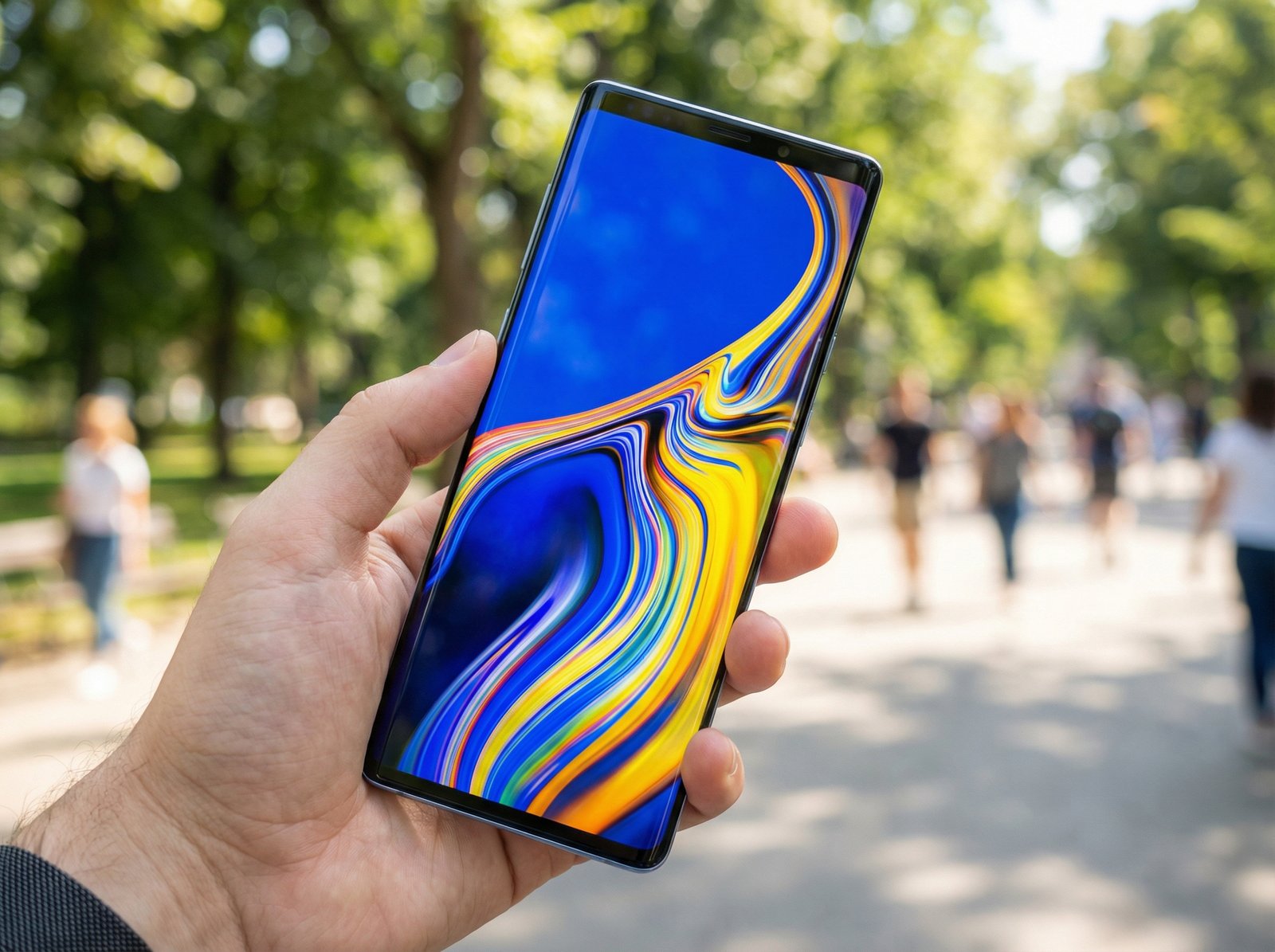 A person's hand holding a thin smartphone with an incredibly bright and vivid display showing colorful abstract art, outdoor sunny environment, realistic lifestyle photography, 4:3, no visible text