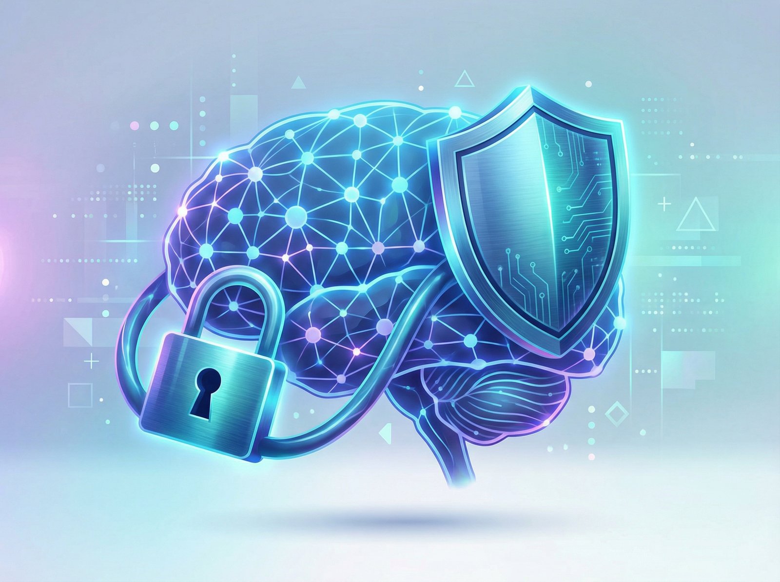 An abstract illustration representing AI ethics and digital image generation. A glowing neural network intertwined with a lock and a protective shield, professional and clean infographic style, 4:3 aspect ratio, no text.