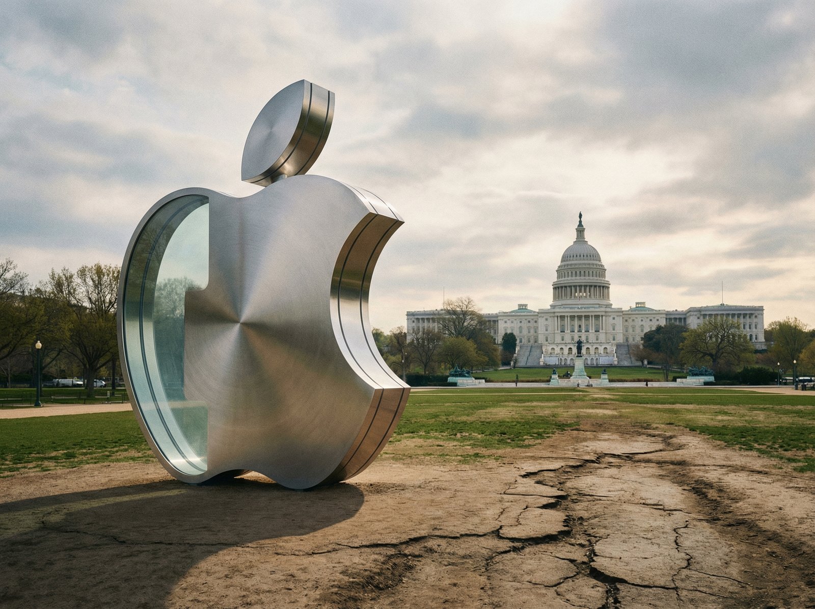 A professional artistic rendering showing the US Capitol building in the background and a sleek Apple logo in the foreground, representing the tension between government and big tech, soft natural lighting, 4:3 aspect ratio, no text.