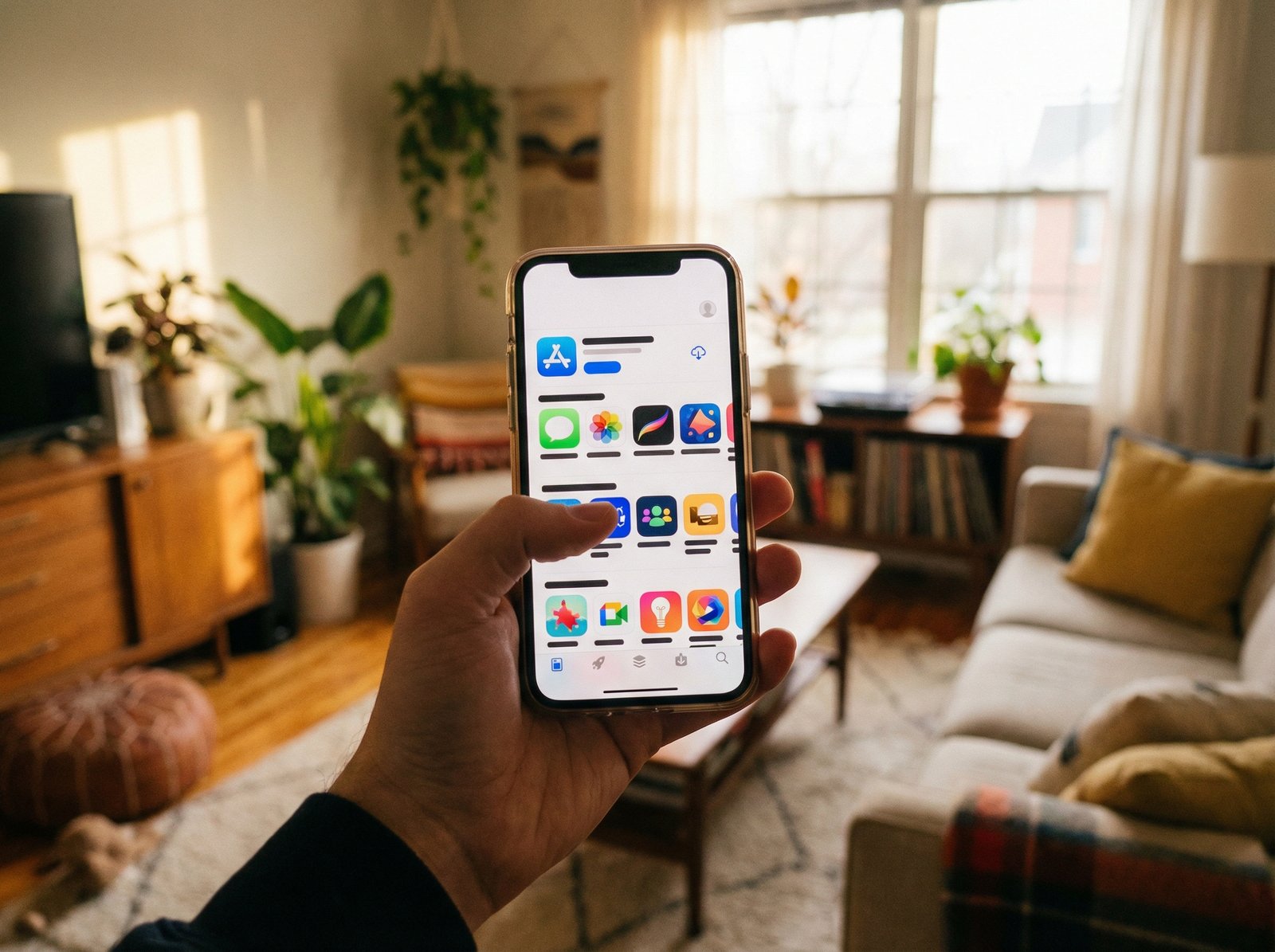 A person's hand holding a high-end smartphone, browsing an app store interface with various app icons, warm lifestyle lighting, natural setting, 4:3 aspect ratio, no text.