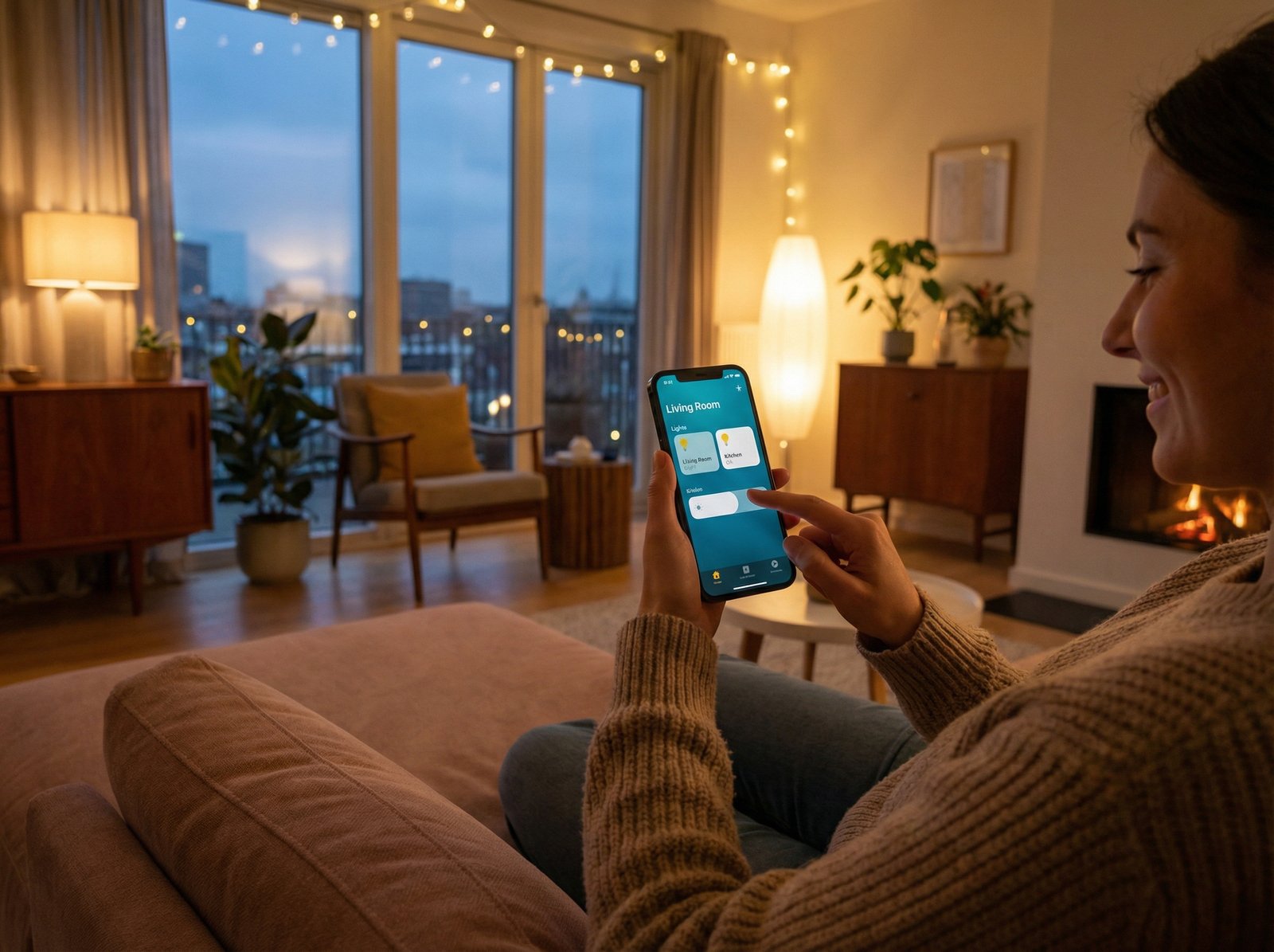 A high-quality lifestyle photo of a person using an iPhone to control smart home lighting in a modern living room, warm atmosphere, soft lighting, realistic photography, 4:3, no text