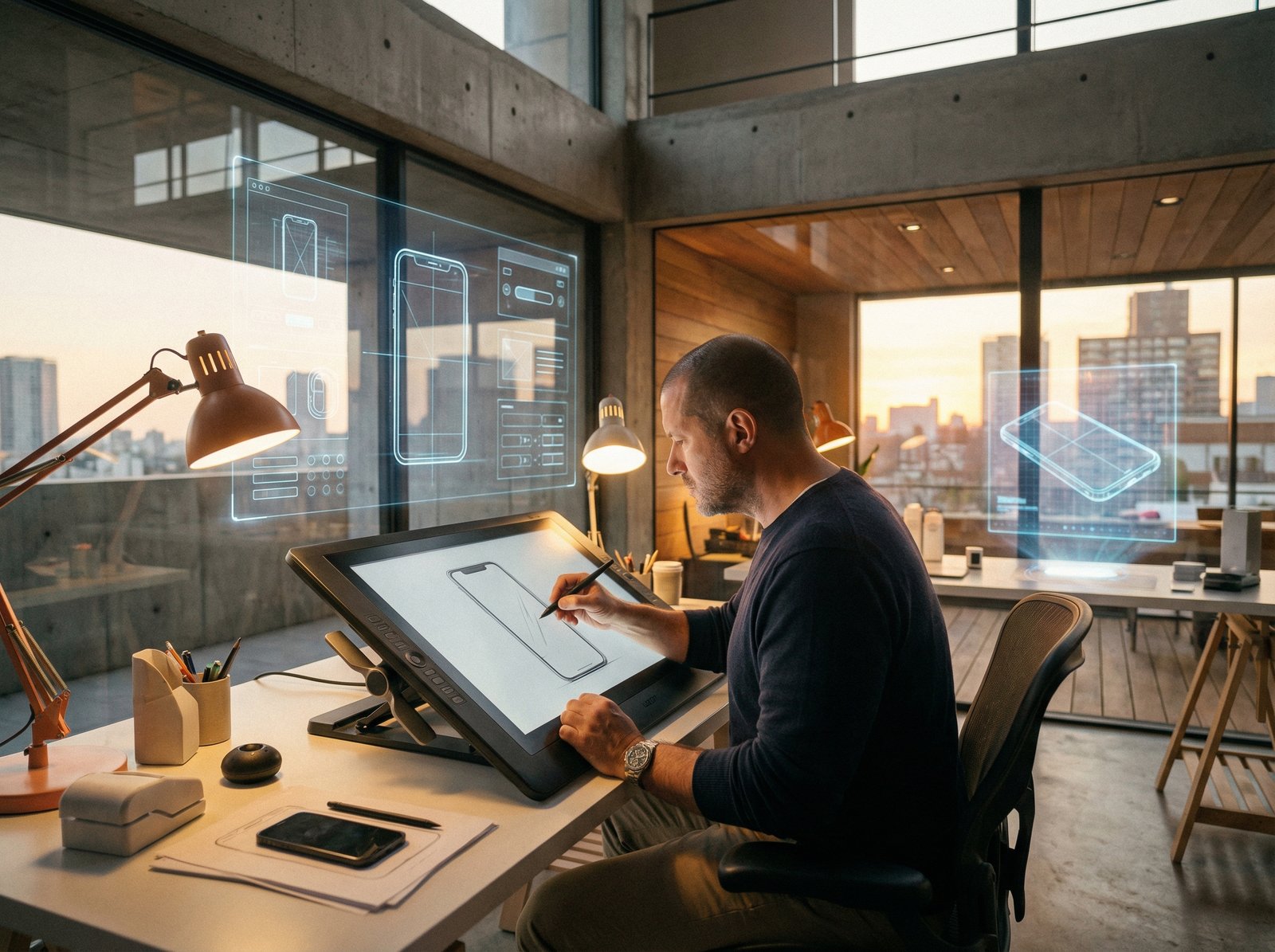 A professional industrial designer working on a futuristic minimalist smartphone concept in a modern studio, holographic interface elements nearby, sleek professional atmosphere, warm lighting, 4:3 aspect ratio, no text.