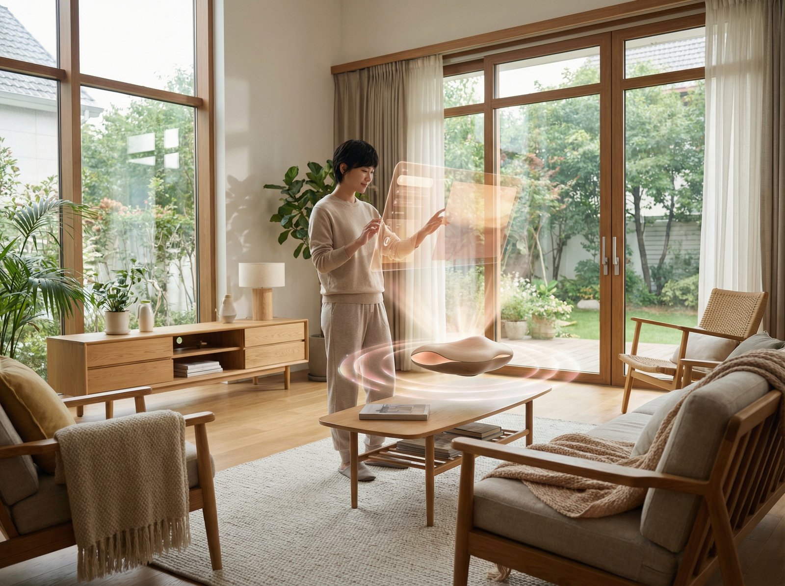 A futuristic concept of a human-centric AI interface, subtle light effects surrounding a person, natural and warm lifestyle setting, modern high-tech integration, 4:3 aspect ratio, no text.