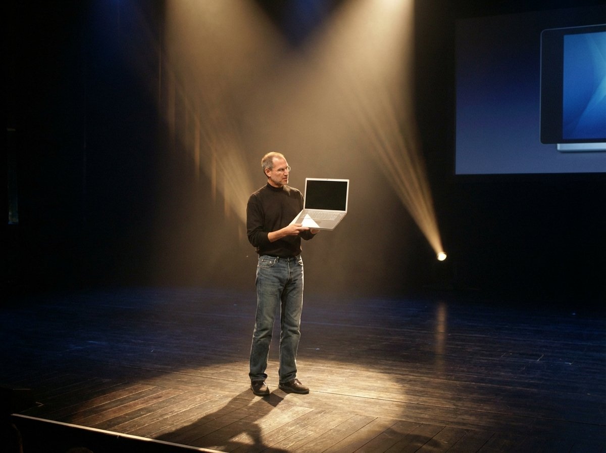 A realistic illustration of Steve Jobs standing on a stage at Macworld 2006, holding a first generation 15-inch silver MacBook Pro, dramatic stage lighting, dark background, cinematic atmosphere, 4:3 aspect ratio, no text