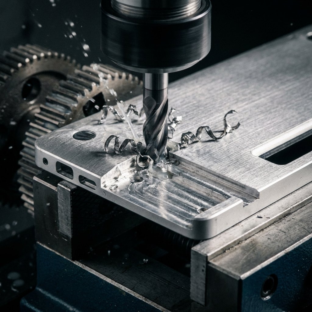 Close-up macro photography of a silver aluminum laptop chassis being precisely machined, metallic texture, professional studio lighting, high contrast, industrial design aesthetic, 1:1 aspect ratio, no text