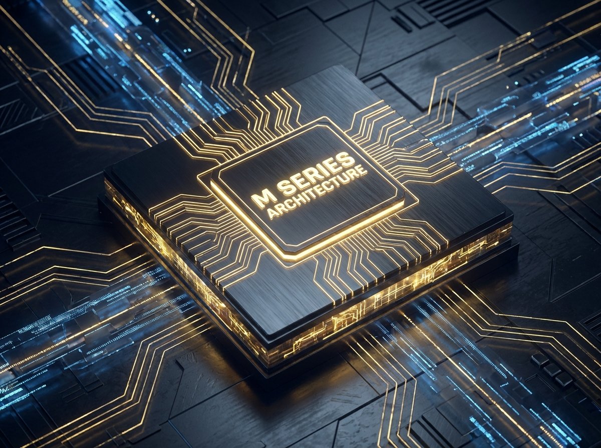 A futuristic 3D render of a glowing processor chip labeled with M series architecture, circuit patterns flowing with golden light, dark metallic background, high tech vibe, 4:3 aspect ratio, no text