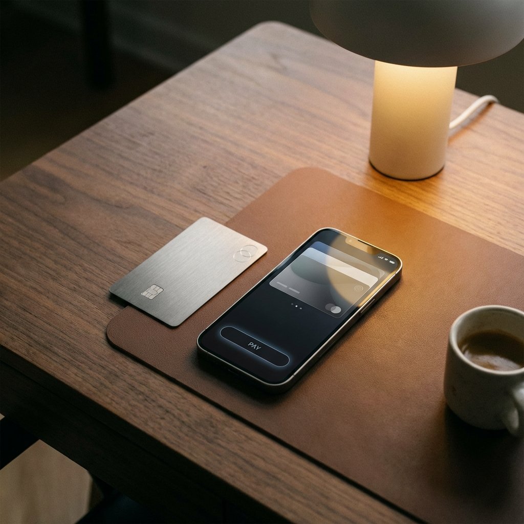 A high-end lifestyle photo of a titanium credit card placed next to a modern smartphone showing a digital wallet interface. Warm desk lighting, minimal and clean aesthetic, professional atmosphere, 1:1 aspect ratio, no text.