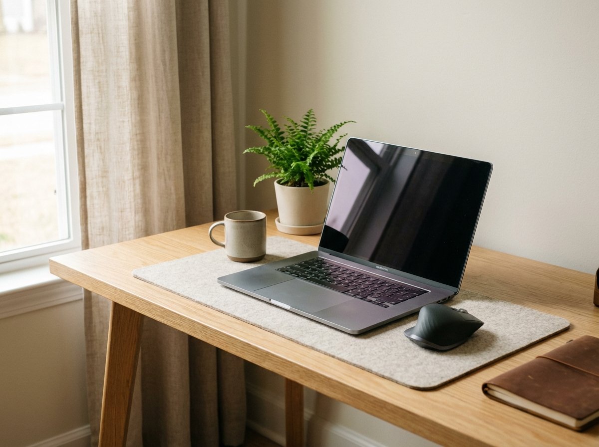 A clean and organized wooden desk with a MacBook laptop and a high-end wireless mouse. Natural window light, cozy home office vibe, shallow depth of field, 4:3 aspect ratio, no text.